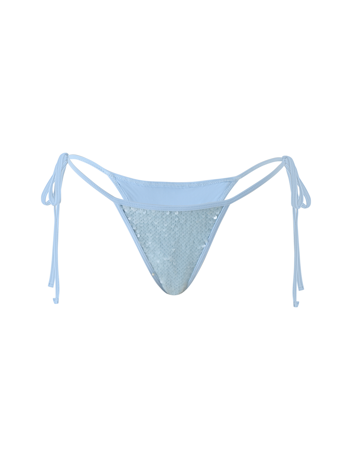 The SOLAS SEQUIN BIKINI BOTTOM - SKY BLUE by TIGERMIST features a cheeky fit and adjustable waist ties, shown against a plain white background.