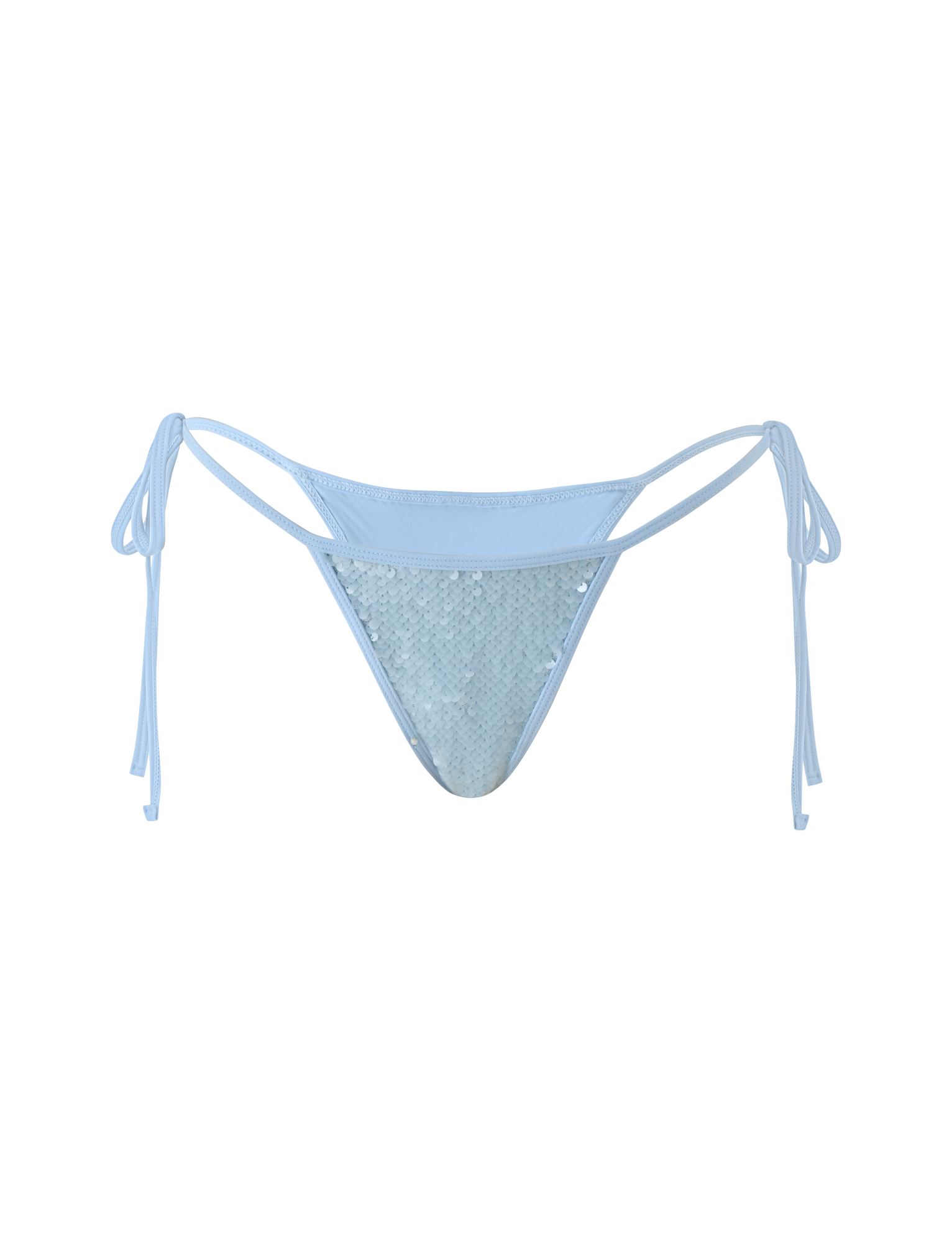 The SOLAS SEQUIN BIKINI BOTTOM - SKY BLUE by TIGERMIST features a cheeky fit and adjustable waist ties, shown against a plain white background.
