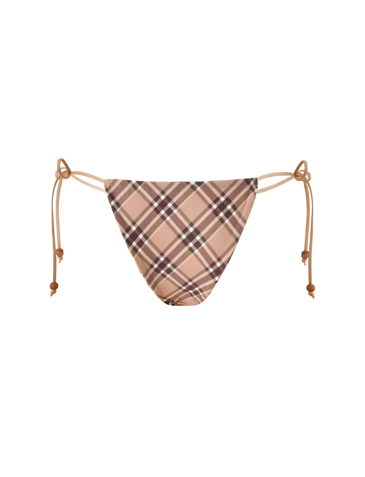 The TIGERMIST AVE Reversible Bikini Bottom with Scarf features a tan and pink plaid pattern, adjustable side ties, and is displayed on a plain white background.