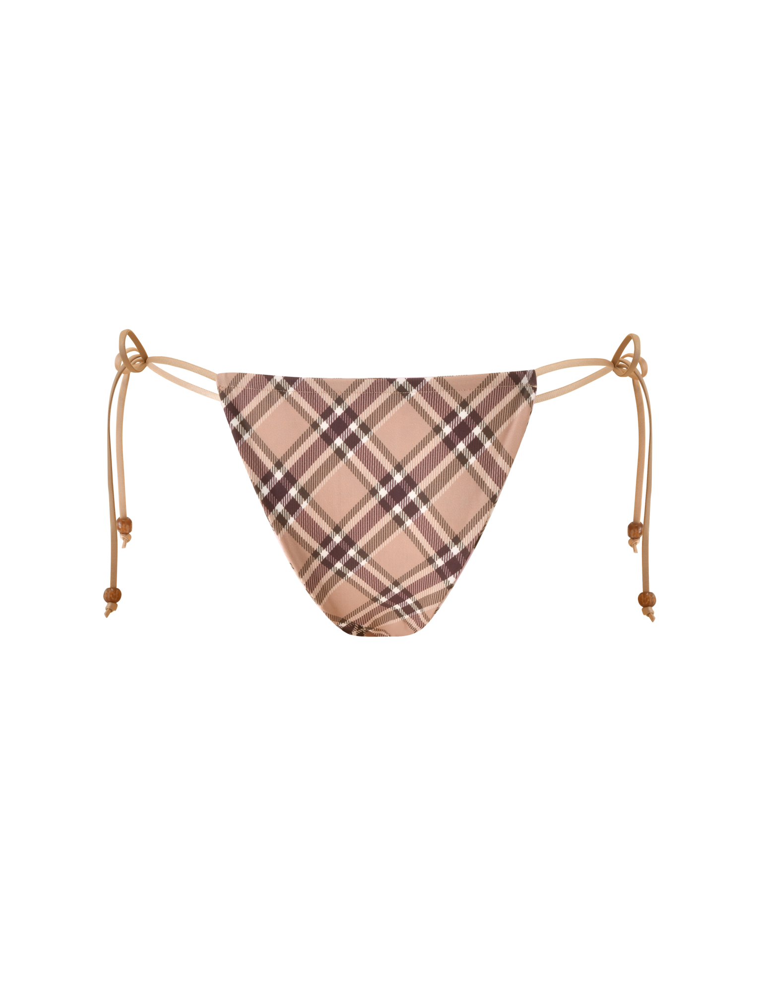 The TIGERMIST AVE Reversible Bikini Bottom with Scarf features a tan and pink plaid pattern, adjustable side ties, and is displayed on a plain white background.