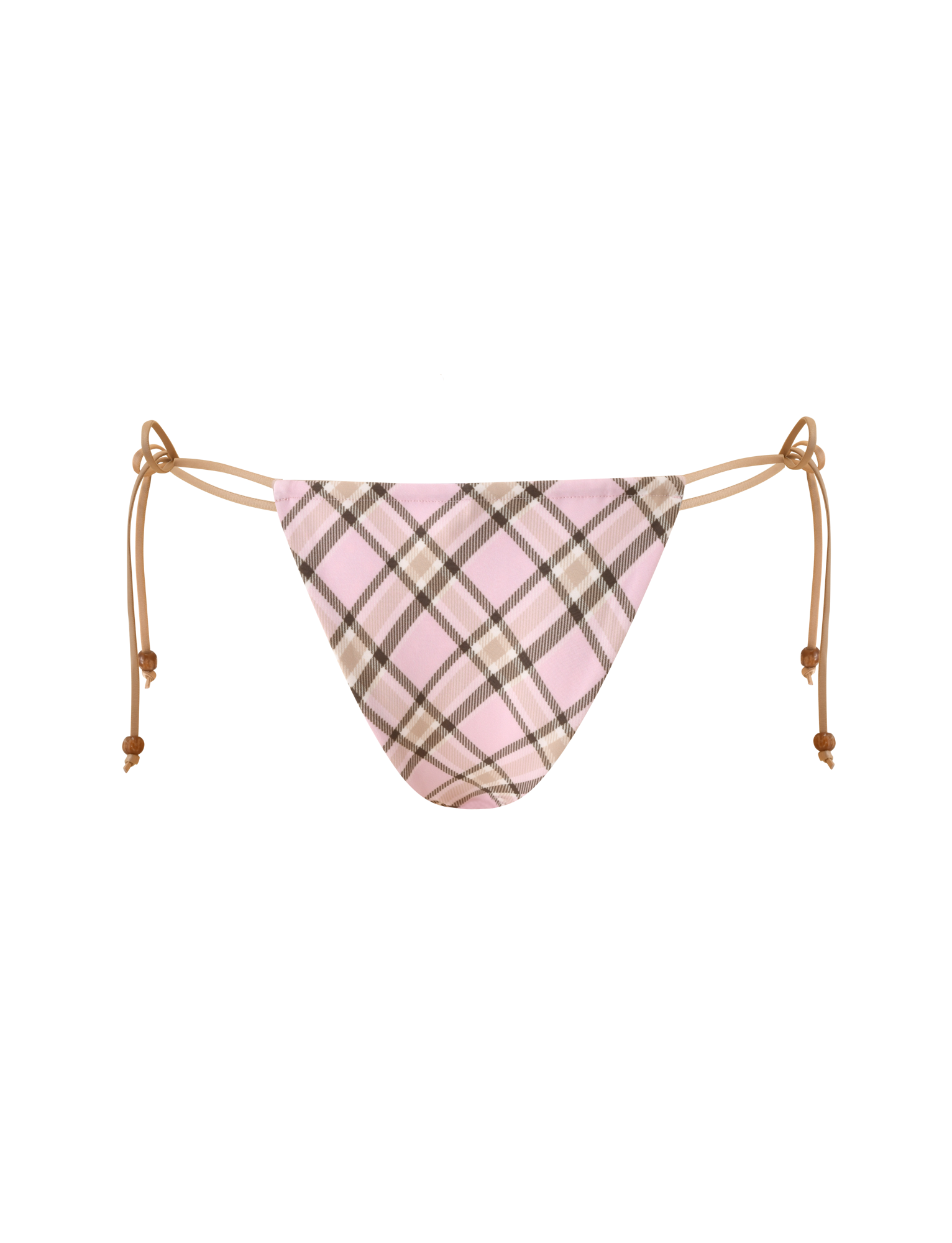 The TIGERMIST AVE Reversible Bikini Bottom with Scarf in tan and pink plaid features a low-rise cut and side ties, displayed on a white background.