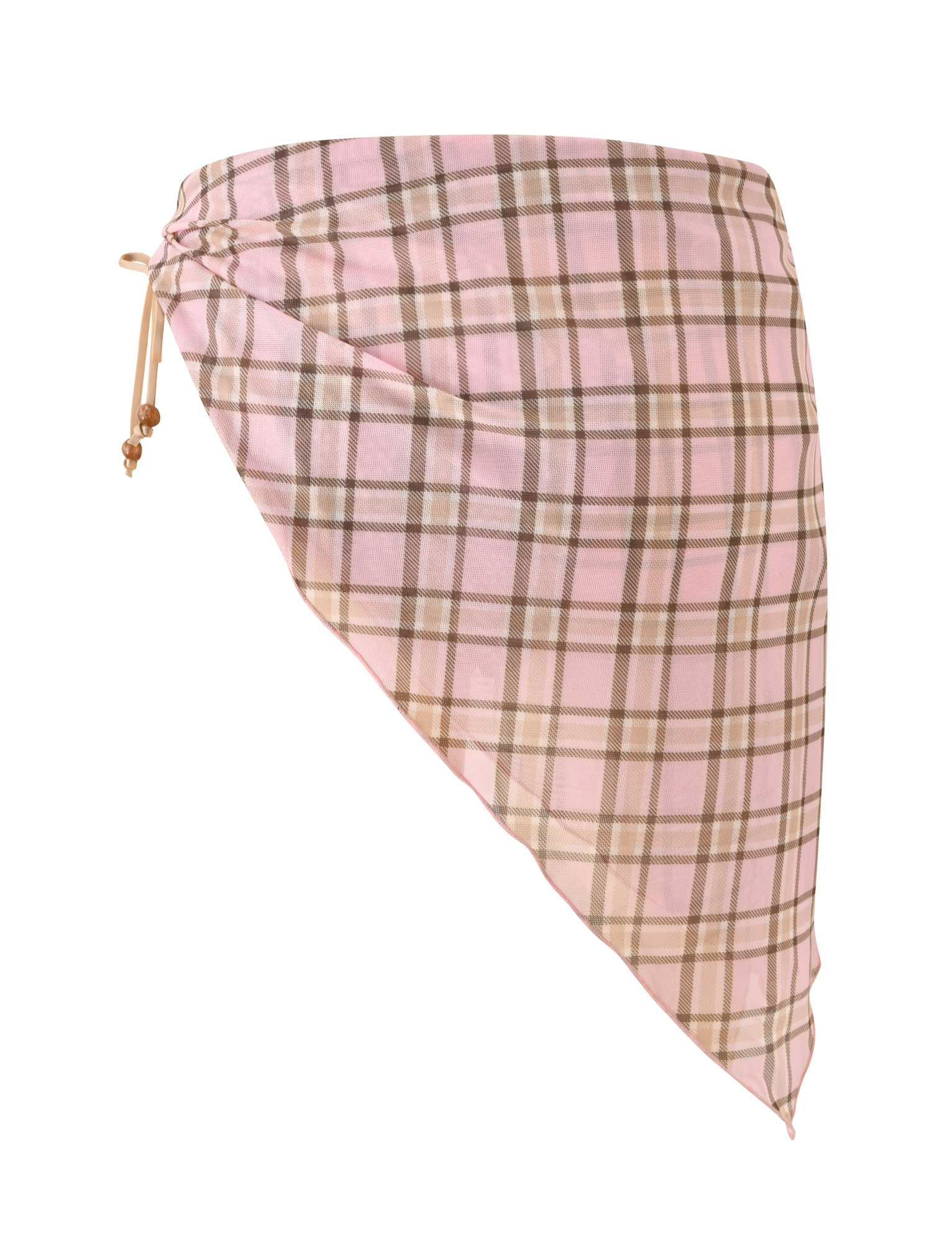 The AVE Reversible Bikini Bottom with Scarf in tan and pink plaid by TIGERMIST features a triangular scarf detail with drawstring and bead accents, reminiscent of a playful bikini bottom, set against a plain white background.