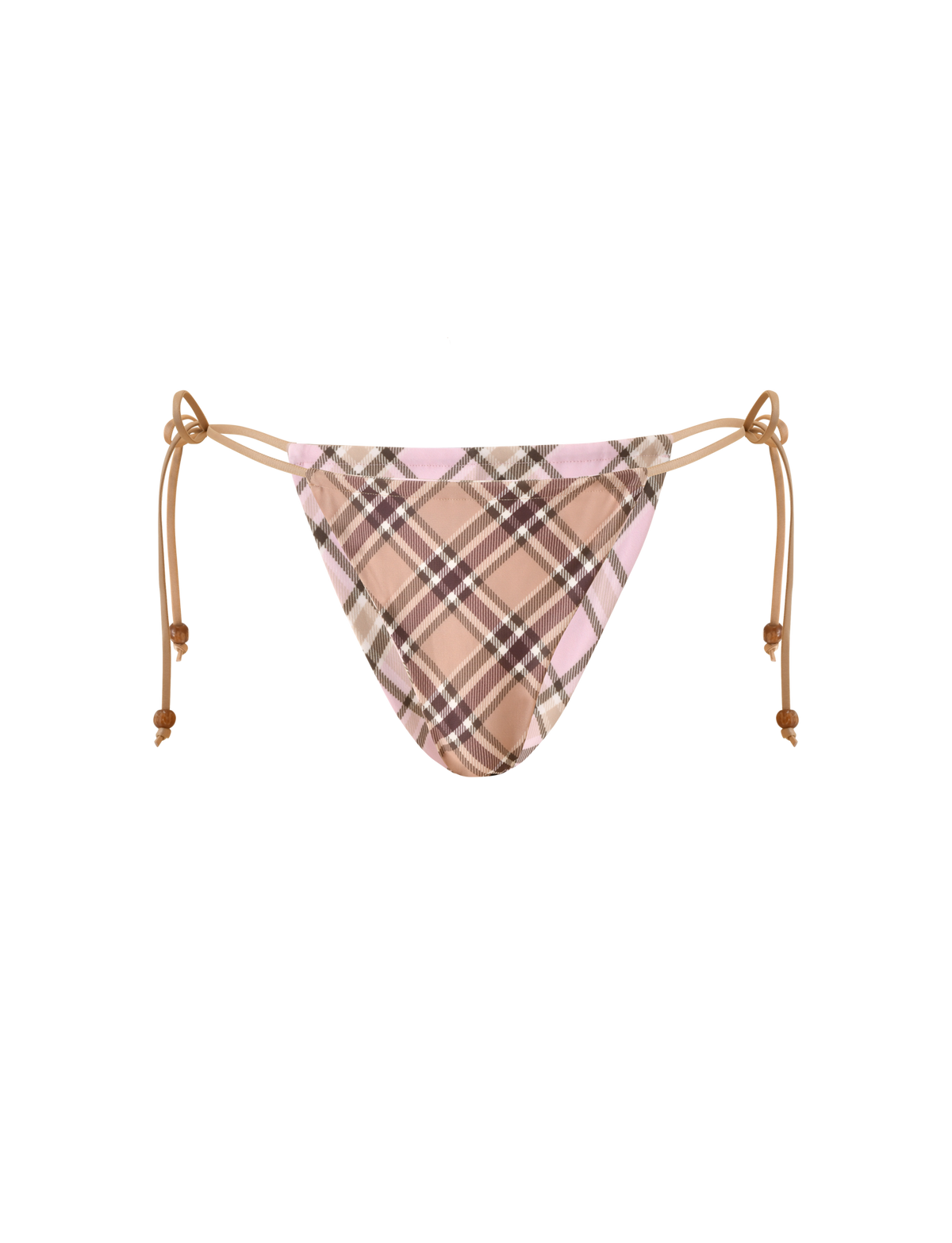 The AVE Reversible Bikini Bottom with Scarf by TIGERMIST features a tan and pink plaid pattern, low-rise fit, and adjustable side ties.