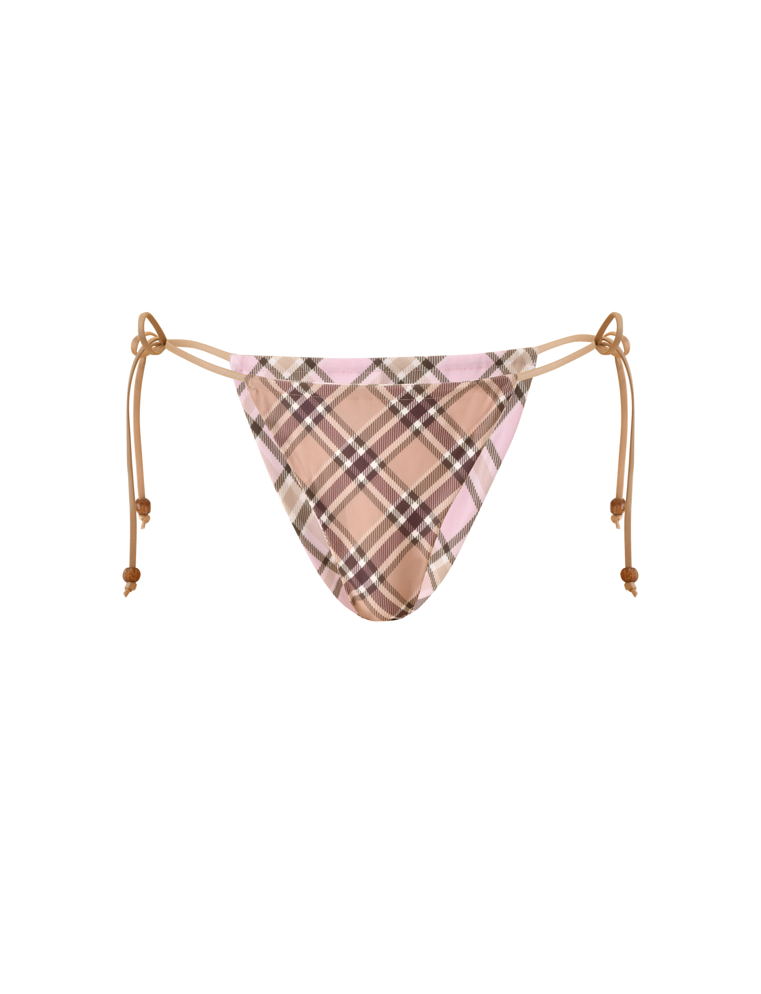 The AVE Reversible Bikini Bottom with Scarf by TIGERMIST features a tan and pink plaid pattern, low-rise fit, and adjustable side ties.