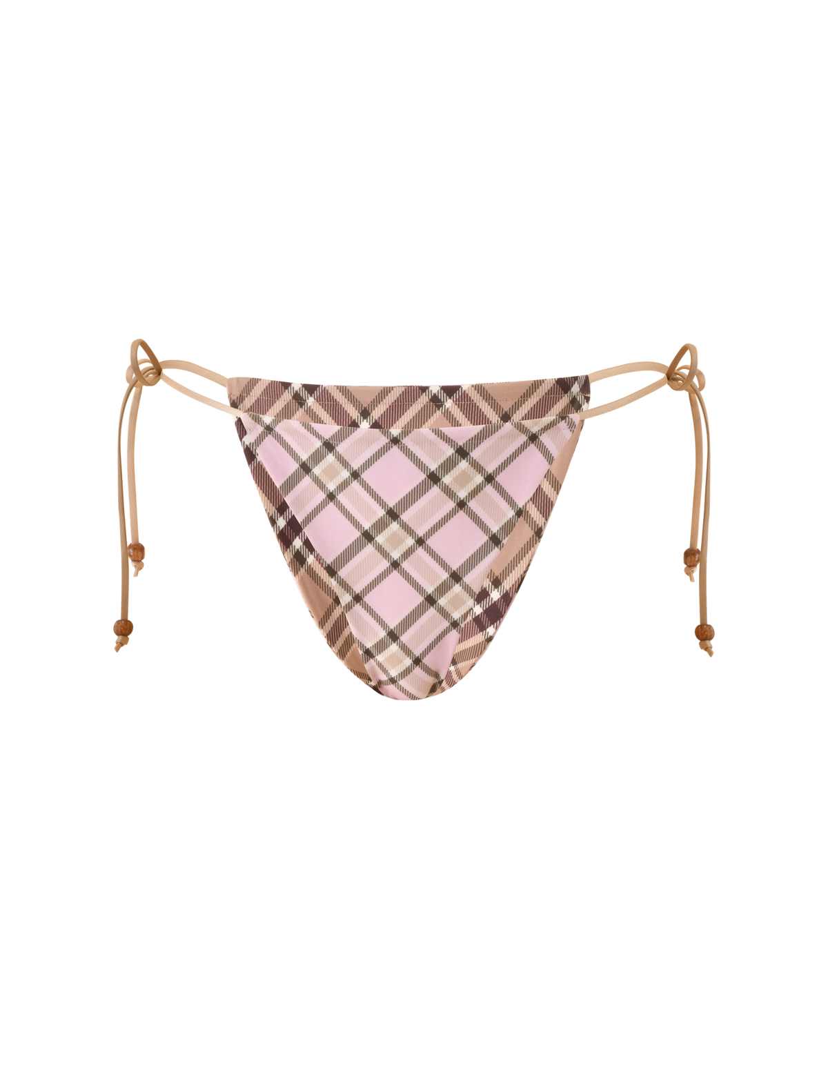 The TIGERMIST AVE Reversible Bikini Bottom with Scarf features a tan and pink plaid pattern, adjustable side ties with knotted ends, and is displayed on a white background.