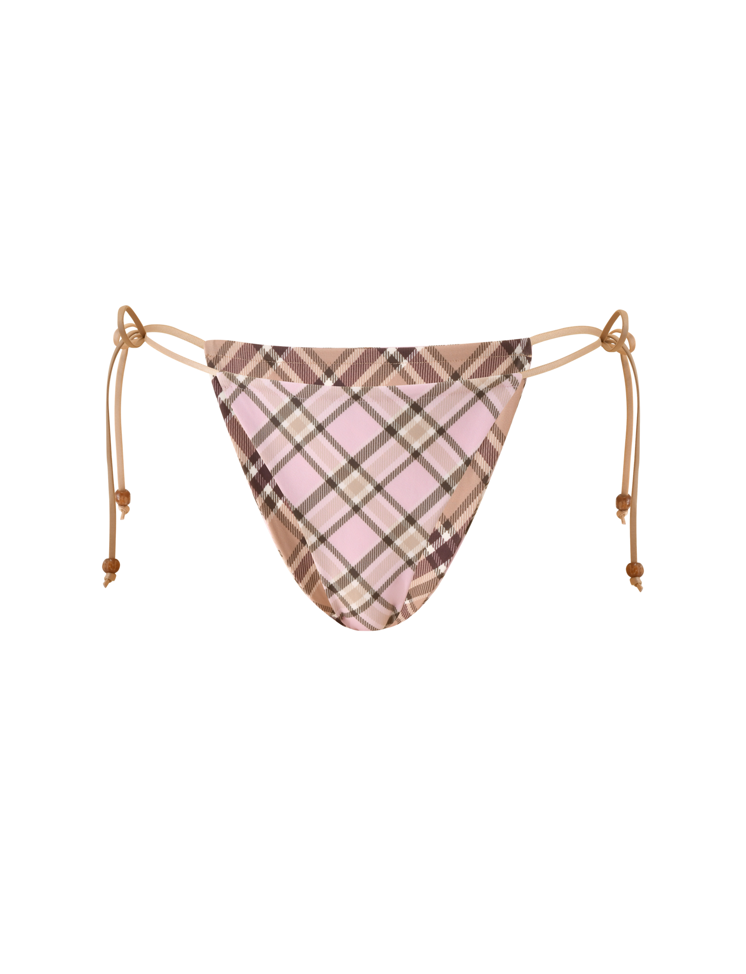 The TIGERMIST AVE Reversible Bikini Bottom with Scarf features a tan and pink plaid pattern, adjustable side ties with knotted ends, and is displayed on a white background.
