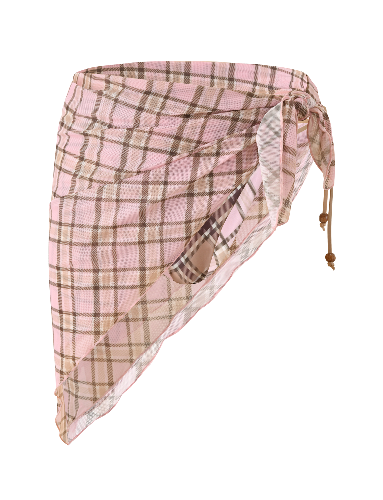 The TIGERMIST AVE Reversible Bikini Bottom with Scarf in tan and pink plaid features a knot detail and asymmetrical hem, designed to pair effortlessly with your favorite swim looks. Shown against a white background.