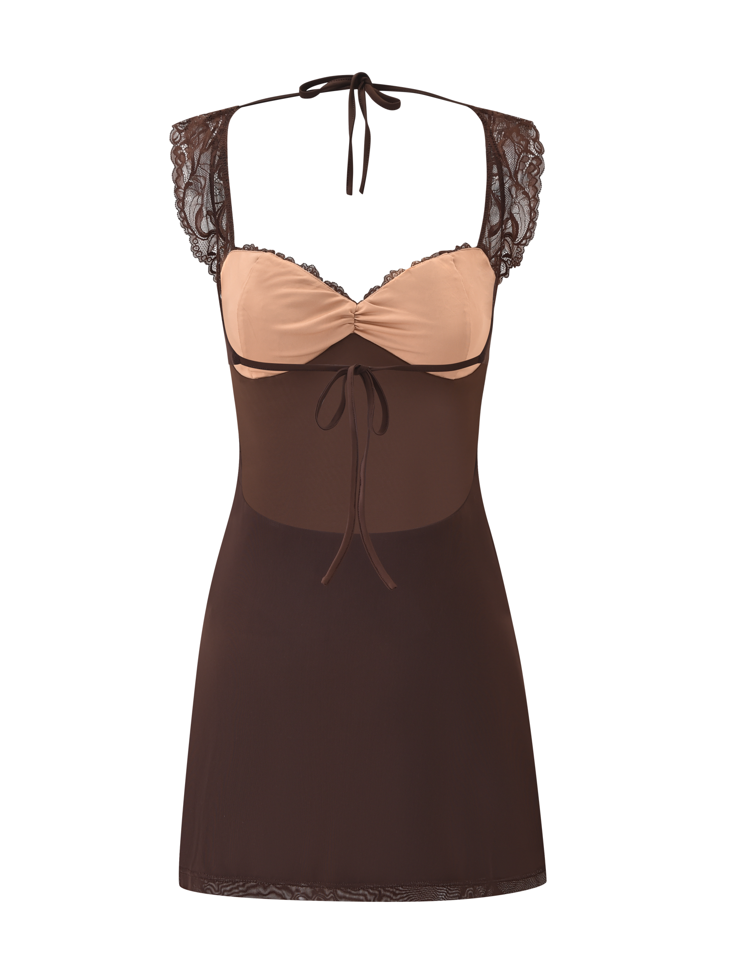 The NYOMI MINI DRESS - CHOCOLATE by TIGERMIST is a chocolate brown lace mini dress with lace cap sleeves, sheer slip design, tie at the bust, halter neck strap, and open back, displayed on a white background.