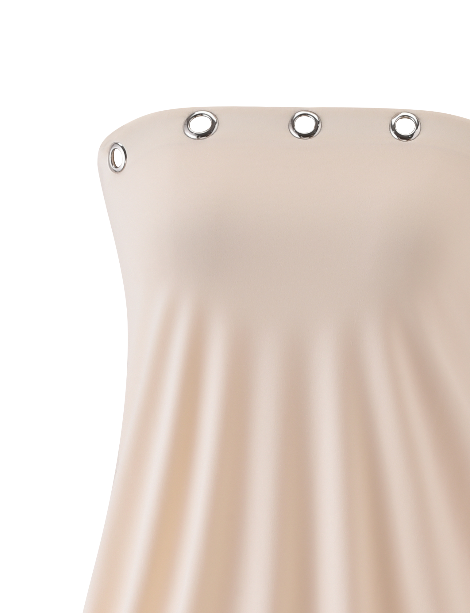 A close-up of the TIGERMIST RAVENNA MINI DRESS - CREAM, a strapless mini dress with large silver grommets along the straight neckline, shown against a white background.