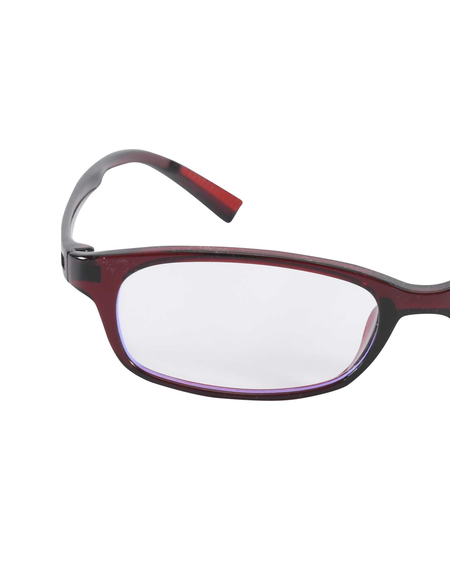 A close-up of the right side of TIGERMIST KAYA FASHION GLASSES - DEEP RED, featuring a narrow rectangular acrylic red frame and clear lens, set against a plain white background.