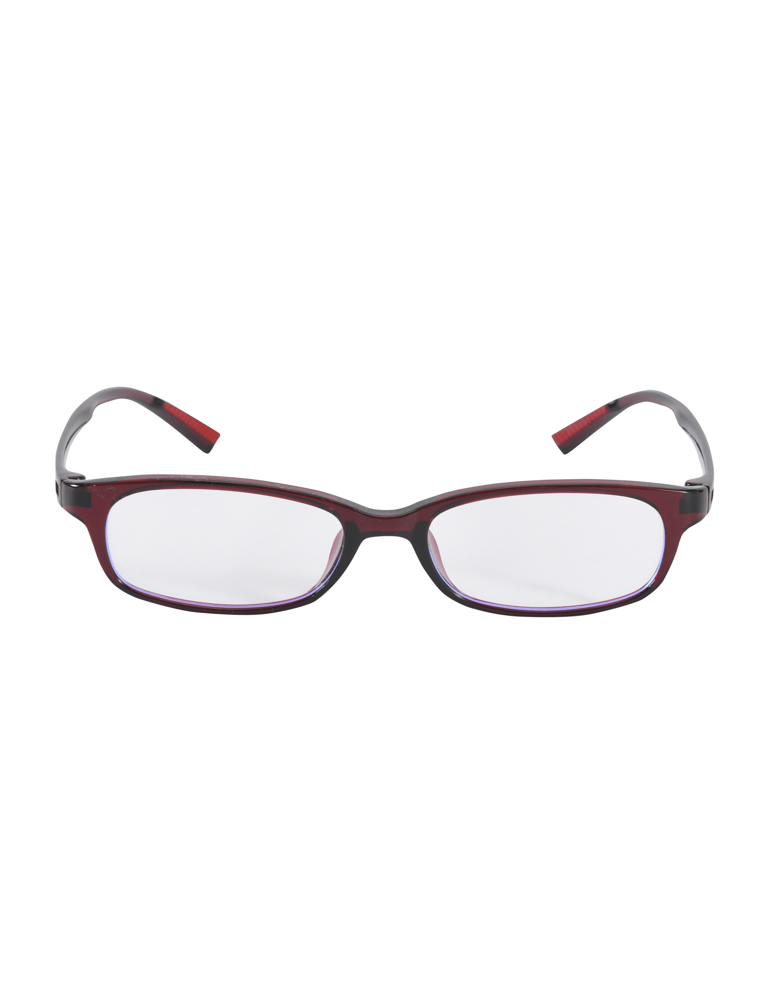 The KAYA FASHION GLASSES - DEEP RED by TIGERMIST features narrow rectangular acrylic red frames and transparent lenses, displayed against a plain white background.