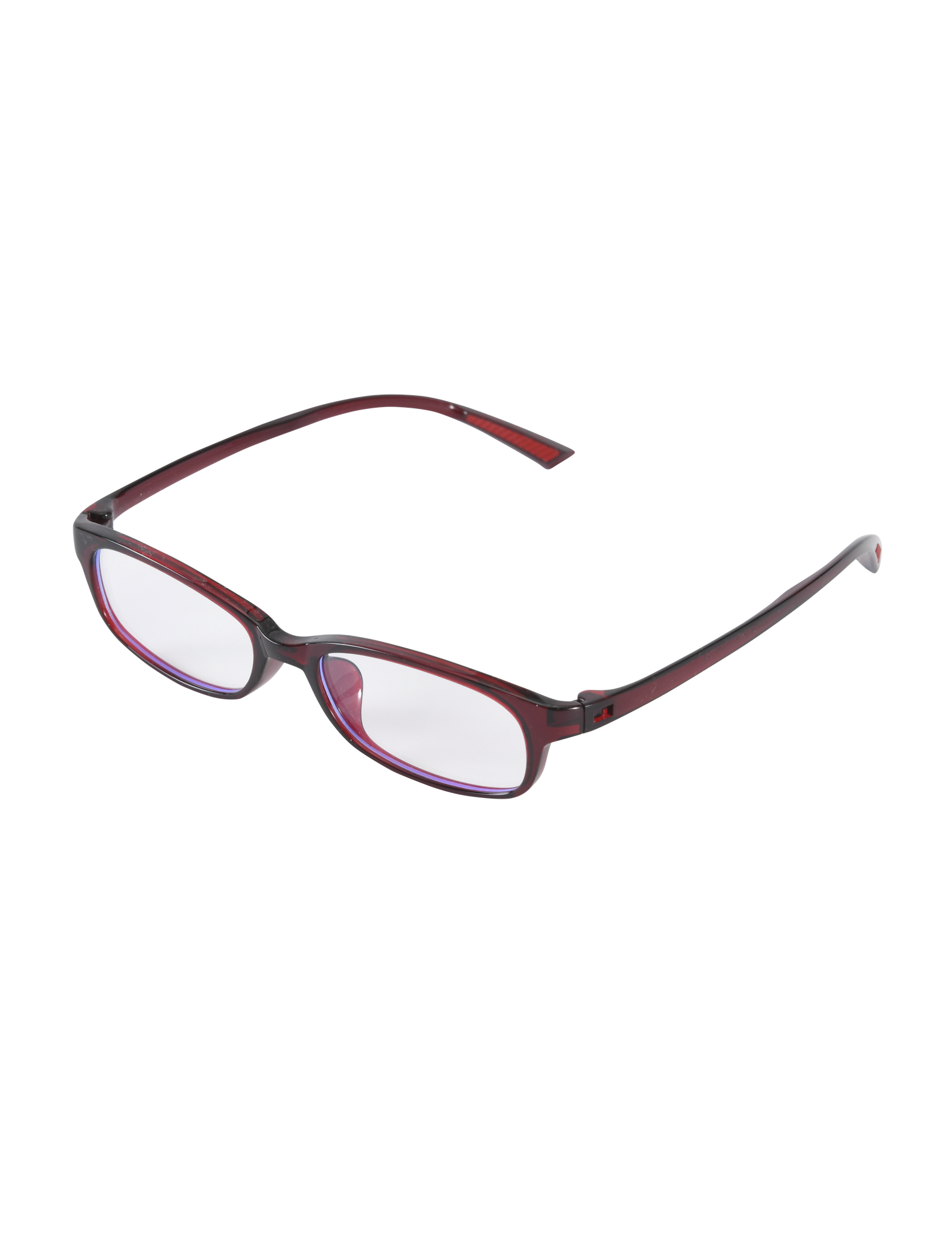 The KAYA FASHION GLASSES - DEEP RED by TIGERMIST feature a sleek acrylic red frame and clear lenses in a narrow rectangular shape, shown angled on a white background.