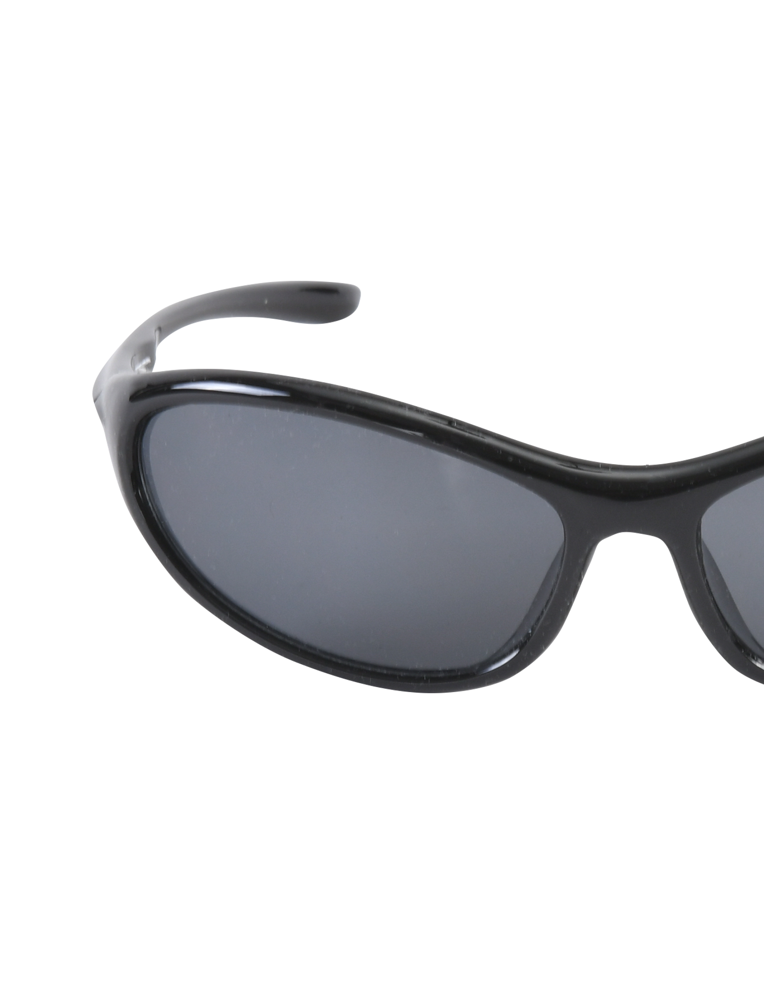 Close-up of the upper left portion of TIGERMIST RIVAH FASHION GLASSES - BLACK, featuring black acrylic frames and dark, reflective oval lenses against a plain white background.