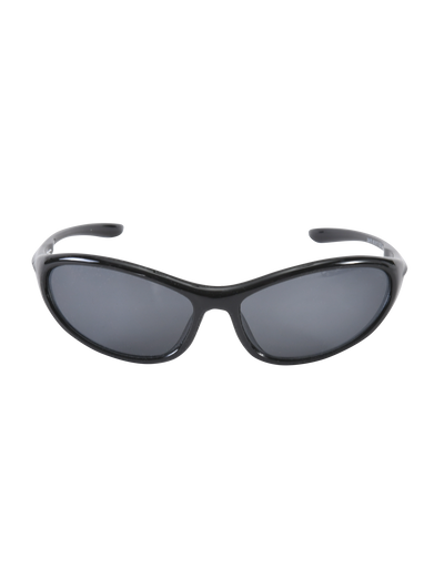 The TIGERMIST RIVAH FASHION GLASSES - BLACK feature sleek black wraparound acrylic frames with reflective black elongated oval lenses, shown front-facing against a plain white background.
