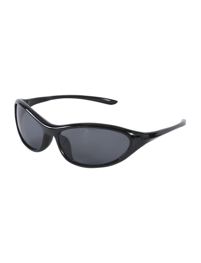 TIGERMIST RIVAH FASHION GLASSES - BLACK: Glossy black wraparound sunglasses with reflective dark lenses and slim, slightly curved arms for a secure fit, shown on a plain white background.