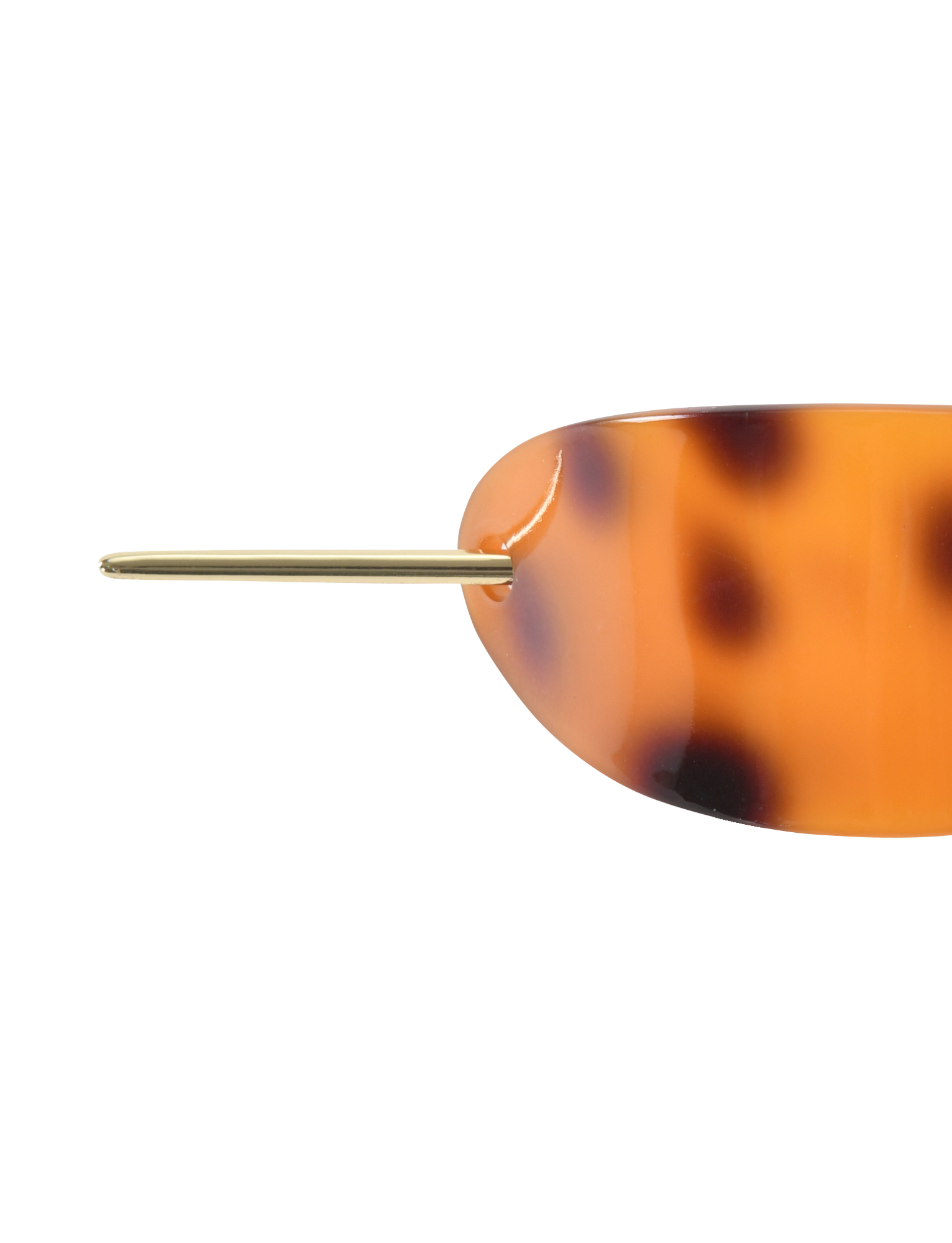 Close-up of the TIGERMIST RUKA BARRETTE - TORTOISESHELL, showcasing its chic oval acrylic design with a gold metal pin closure, set against a white background.