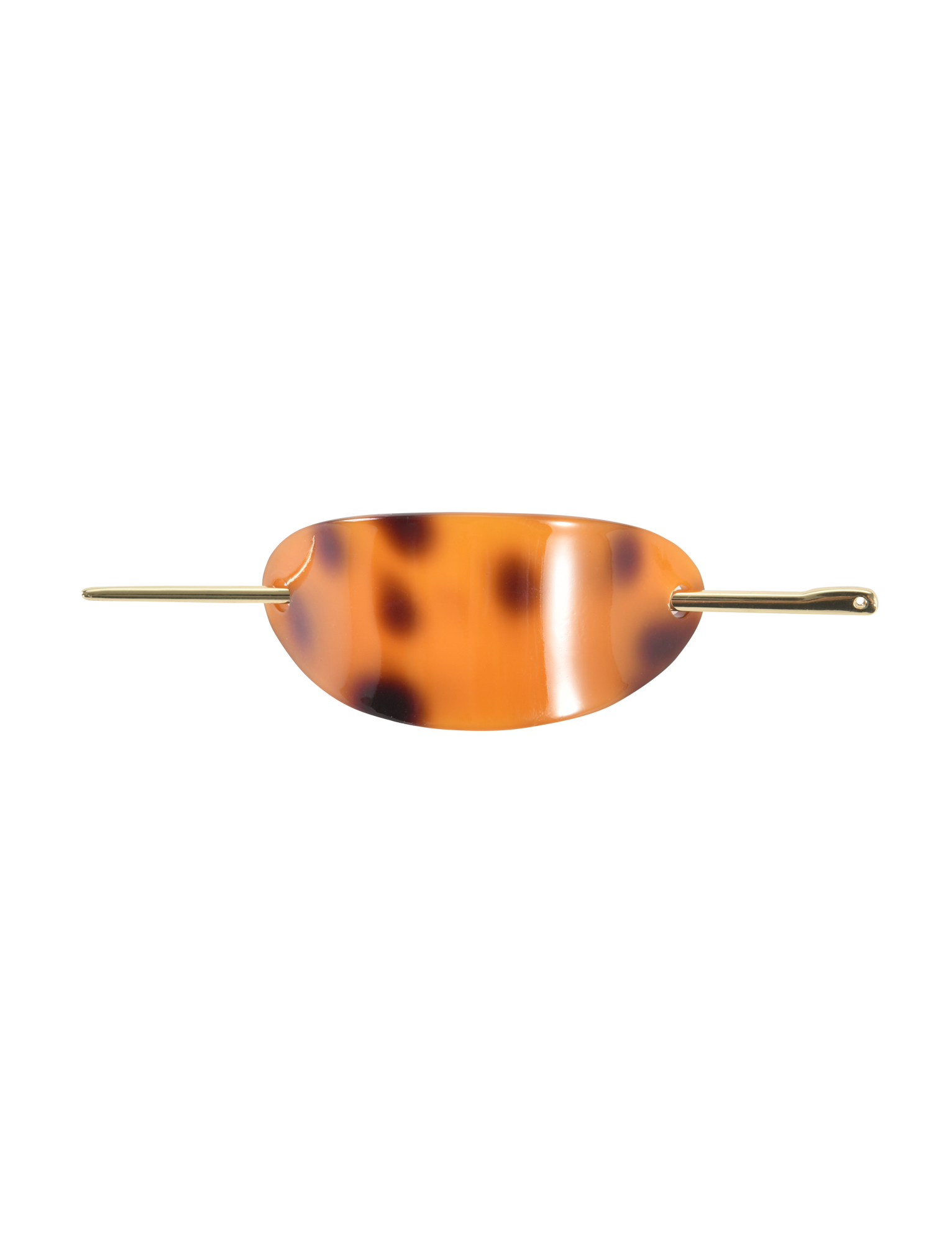 The TIGERMIST RUKA BARETTE - TORTOISESHELL is a chic acrylic hair accessory with a curved oval shape and a slender gold bar closure threaded through end holes.