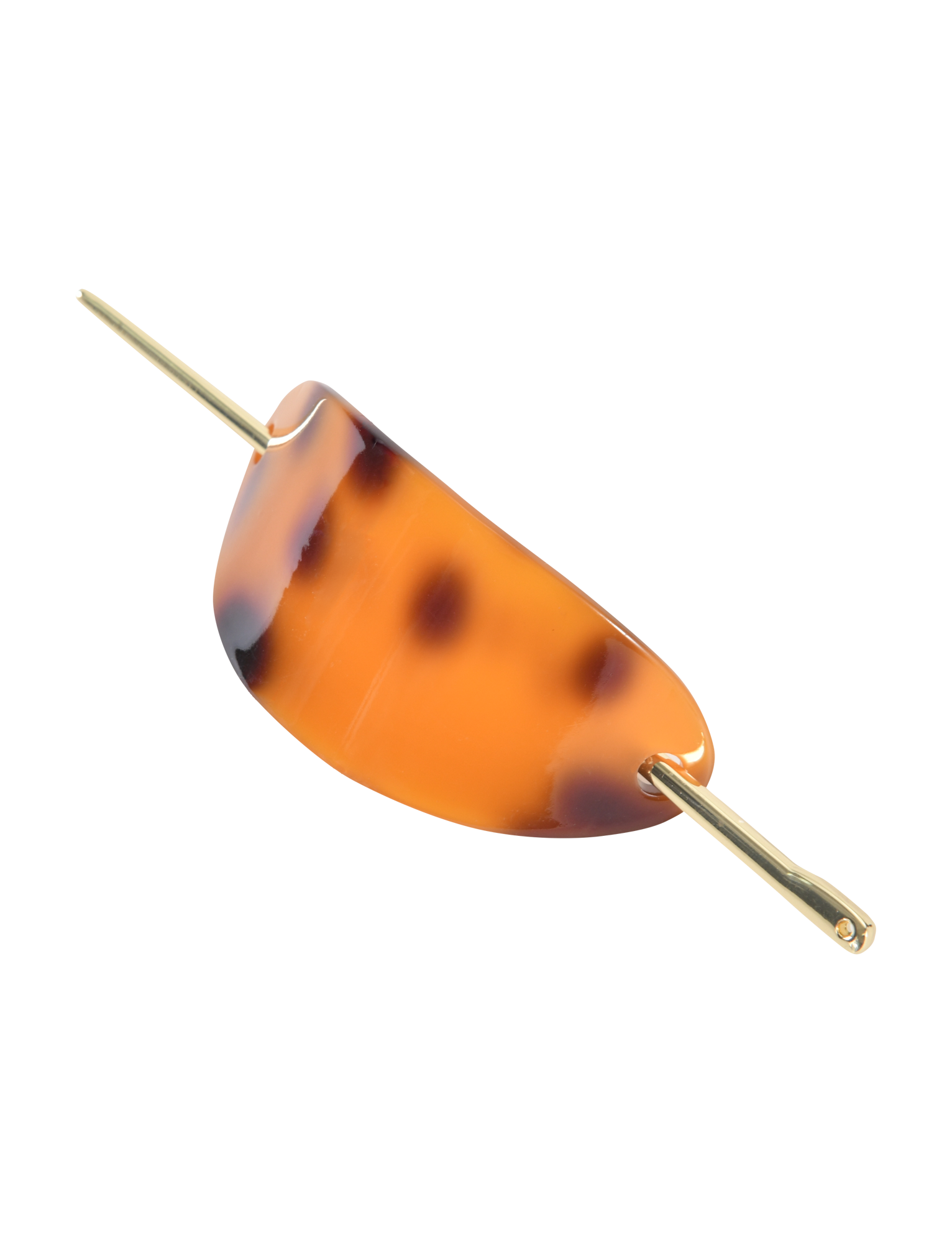 The RUKA BARRETTE - TORTOISESHELL by TIGERMIST features a gold bar closure threading through its curved, acrylic design in rich brown and amber tones, shown against a white background.