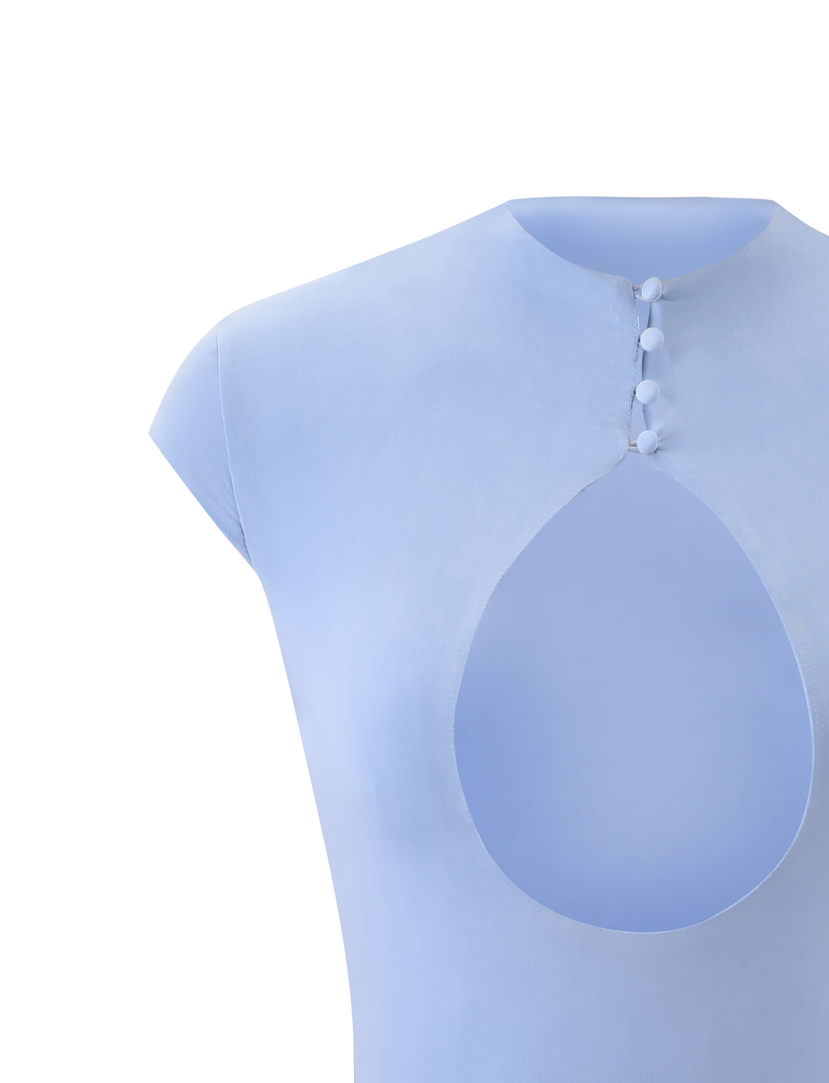 Close-up of the TIGERMIST MILLS TOP in baby blue, featuring cap sleeves, a mock neck with four fabric-covered buttons, and a large front bust cutout. Shown against a plain white background.