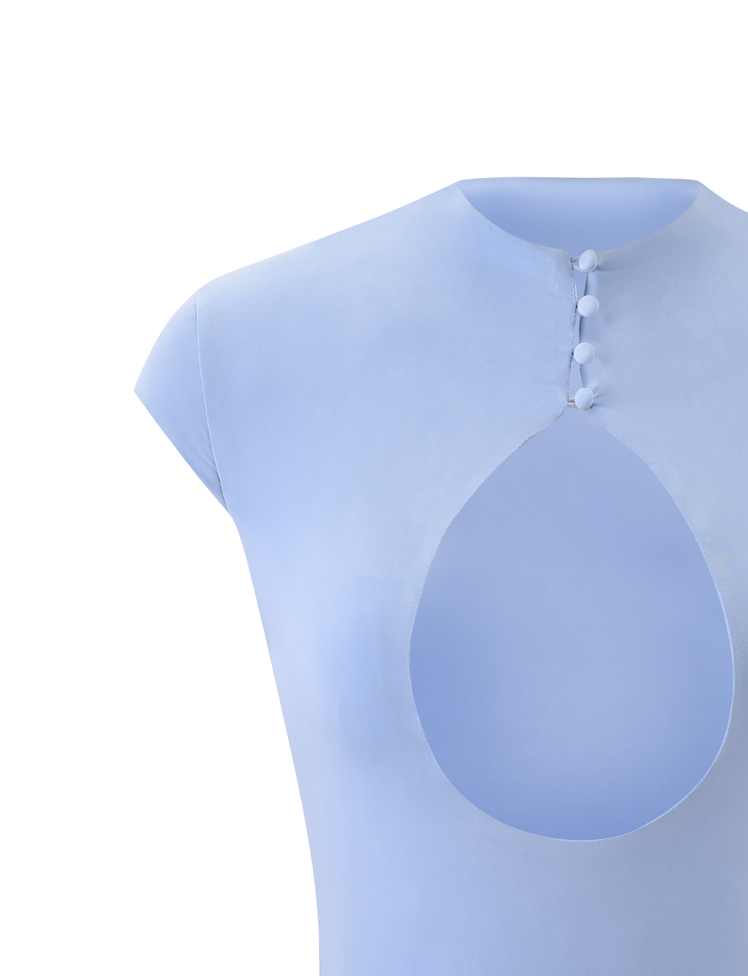 Close-up of the TIGERMIST MILLS TOP in baby blue, featuring cap sleeves, a mock neck with four fabric-covered buttons, and a large front bust cutout. Shown against a plain white background.
