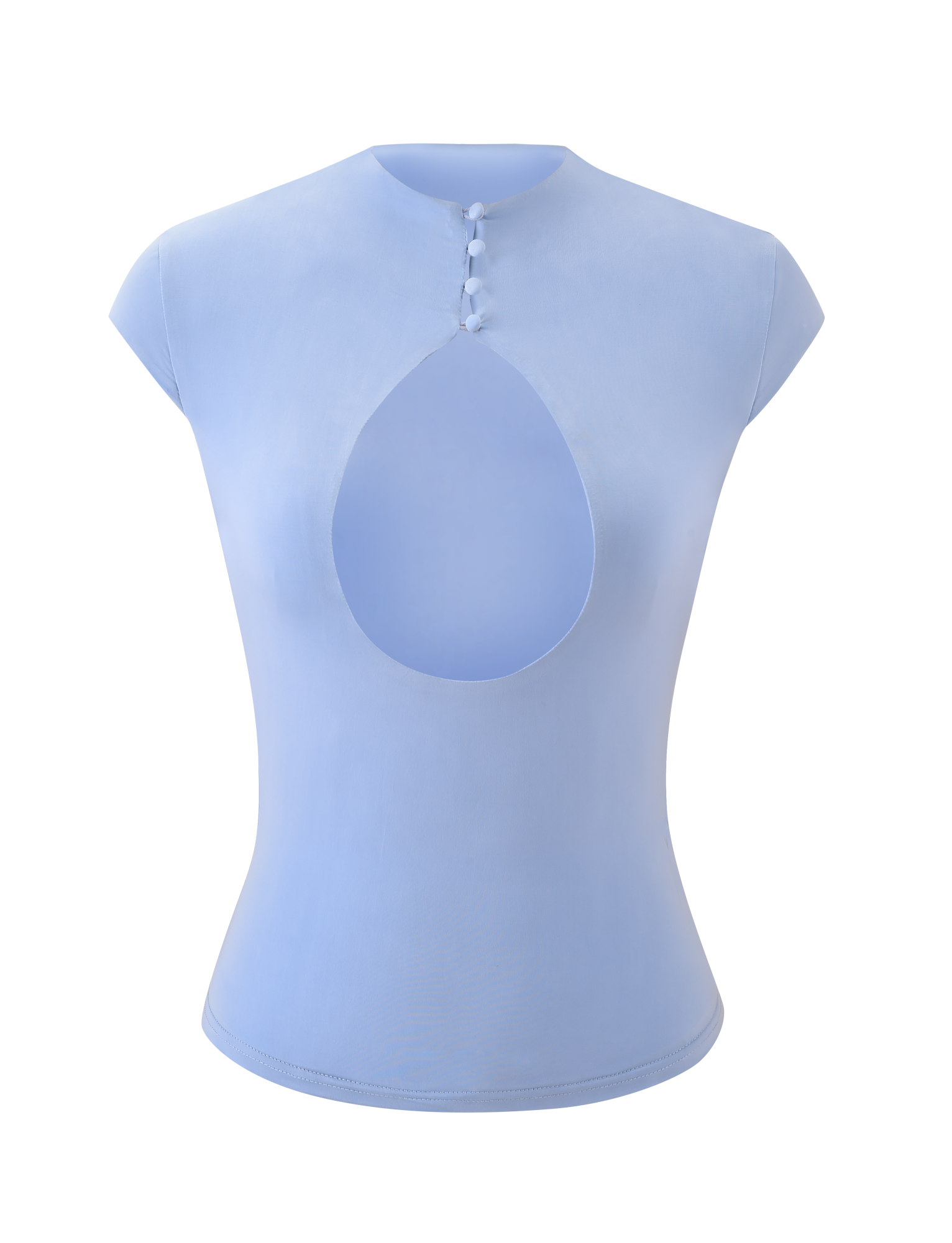 The MILLS TOP - BABY BLUE by TIGERMIST features cap sleeves, a mock neck with three decorative buttons, and a teardrop front bust cutout. Its smooth, stretchy fabric offers a flattering fit.