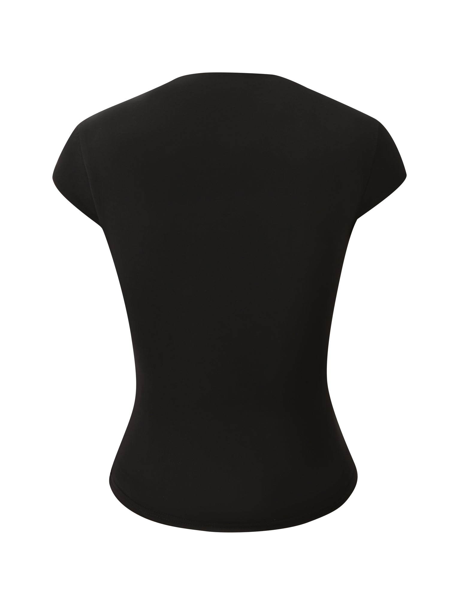 The MILLS TOP 2.0 - BLACK by TIGERMIST is a plain black short-sleeve T-shirt, shown from the back against a white background, featuring a subtle figure-hugging fit reminiscent of a classic bodycon top.