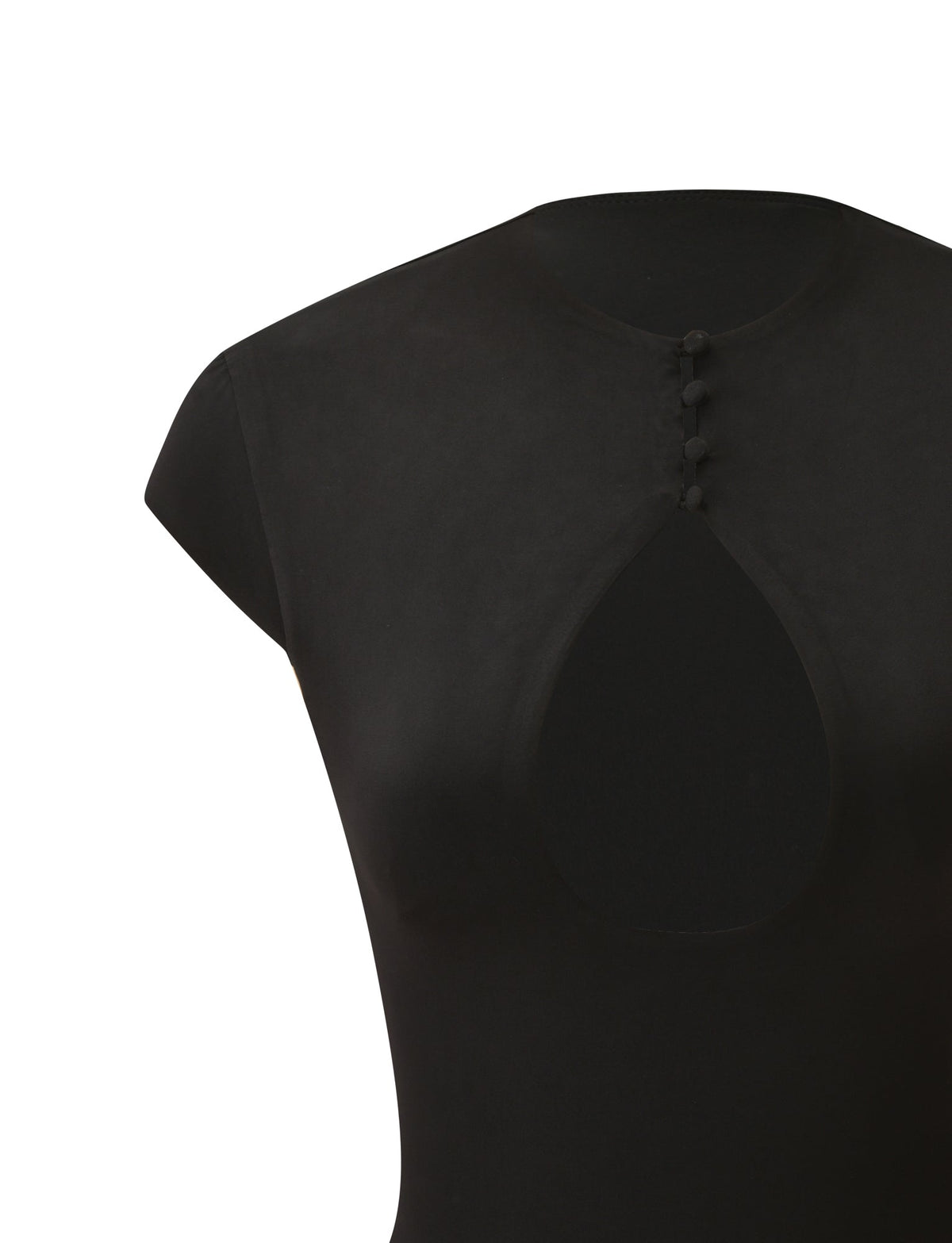 The MILLS TOP 2.0 - BLACK by TIGERMIST is a black bodycon top with short sleeves, featuring a teardrop-shaped chest cutout and four fabric-covered buttons along the neckline for a figure-snatching fit, shown on a white background.