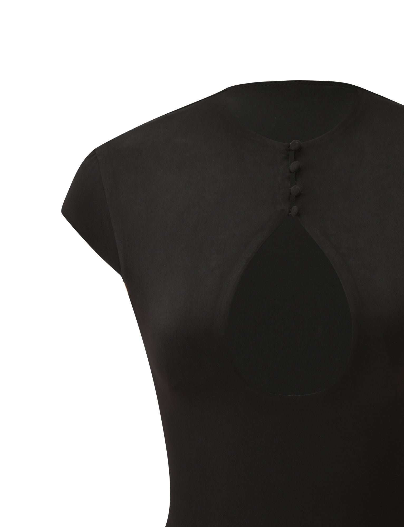 The MILLS TOP 2.0 - BLACK by TIGERMIST is a black bodycon top with short sleeves, featuring a teardrop-shaped chest cutout and four fabric-covered buttons along the neckline for a figure-snatching fit, shown on a white background.