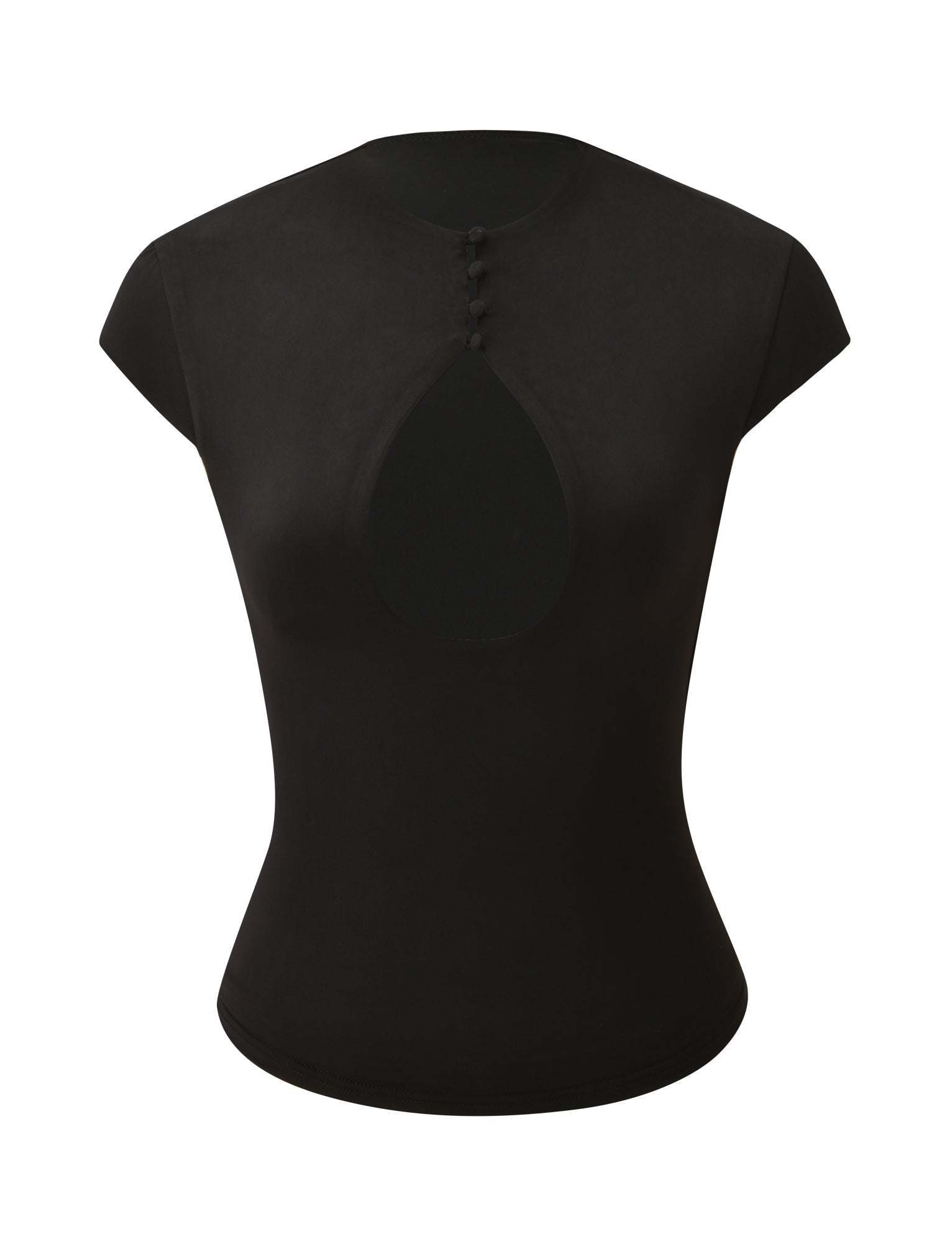Introducing the MILLS TOP 2.0 - BLACK by TIGERMIST: a short-sleeve, fitted bodycon top featuring a teardrop cutout on the chest with four small buttons accentuating the neckline. This figure-flattering design enhances your silhouette while adding stylish flair to your everyday wardrobe.