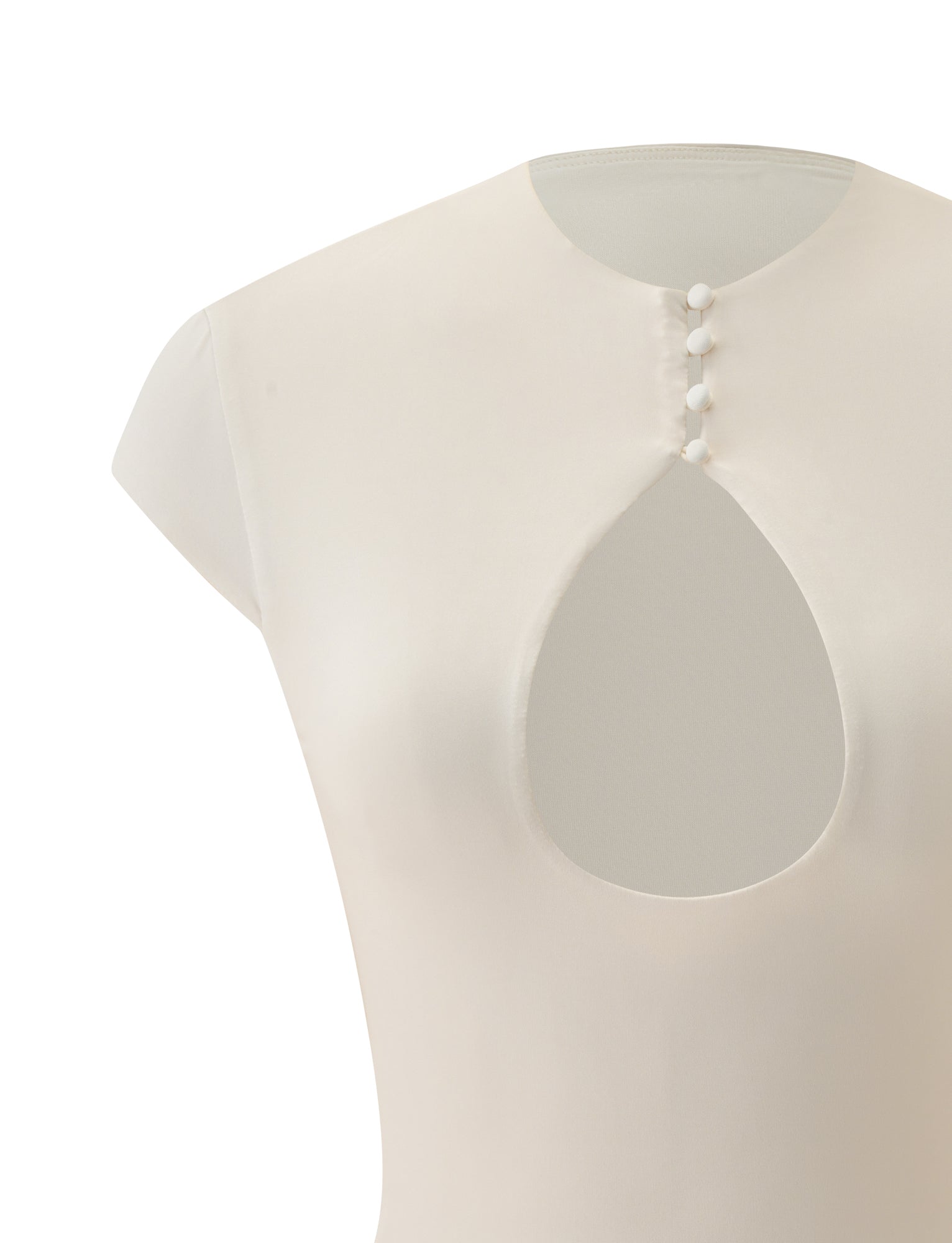 The MILLS TOP - CREAM by TIGERMIST is a cream cap sleeve top with a mock neck, featuring a teardrop-shaped cutout at the chest and four small white buttons above the cutout, displayed against a white background.