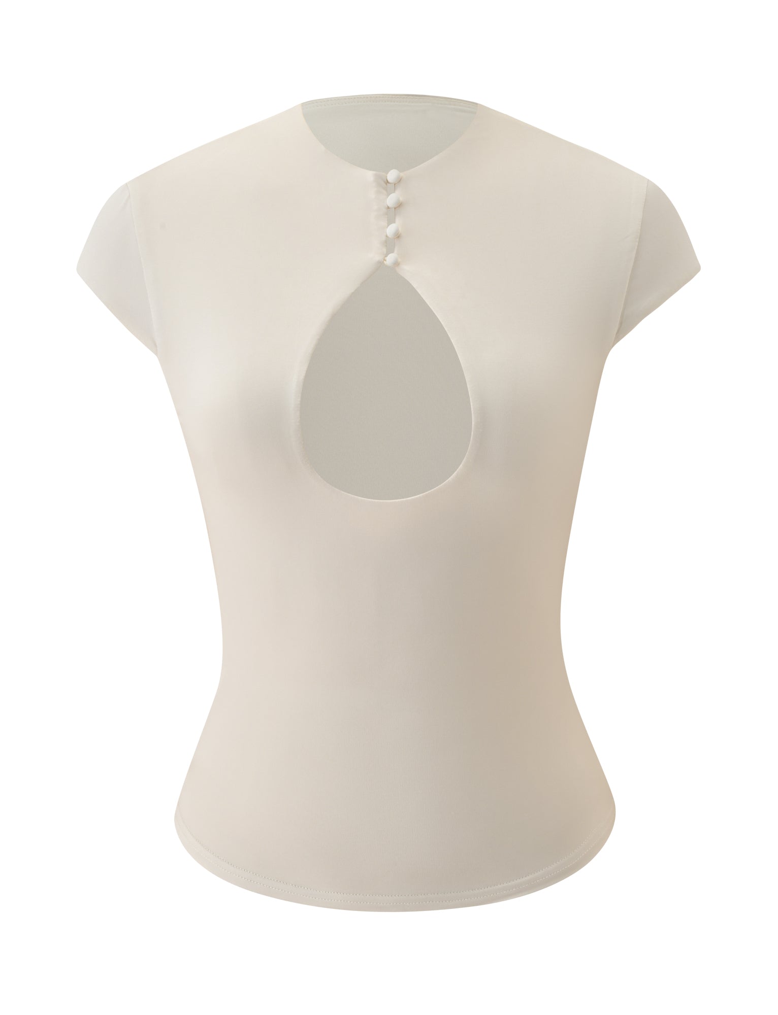 The MILLS TOP - CREAM by TIGERMIST is a cream cap sleeve top designed with a fitted silhouette and subtle bodycon fit, featuring a mock neck, front keyhole cutout, and three small buttons at the neckline.