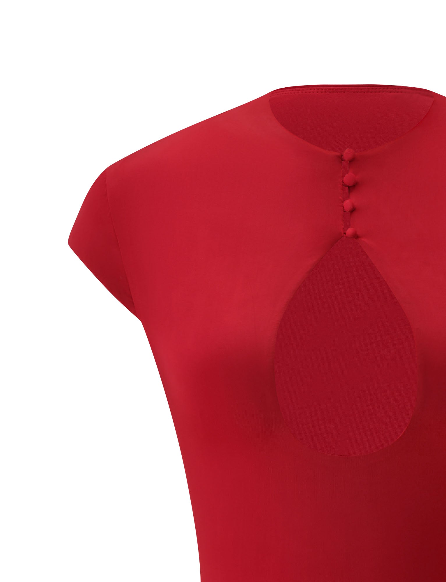 Close-up of the TIGERMIST MILLS TOP in red, featuring cap sleeves, a bodycon fit, a teardrop-shaped chest cutout, mock neck, and four fabric-covered buttons along the neckline.