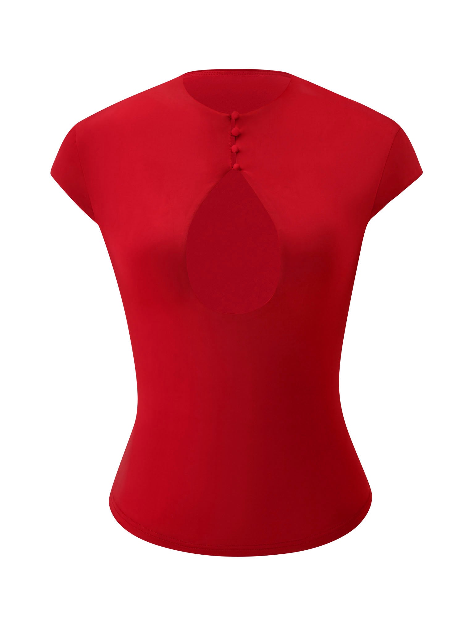 The MILLS TOP - RED by TIGERMIST is a fitted cap sleeve top with a mock neck, featuring a teardrop-shaped keyhole cutout at the chest and three fabric-covered buttons on the upper front for a chic bodycon fit.