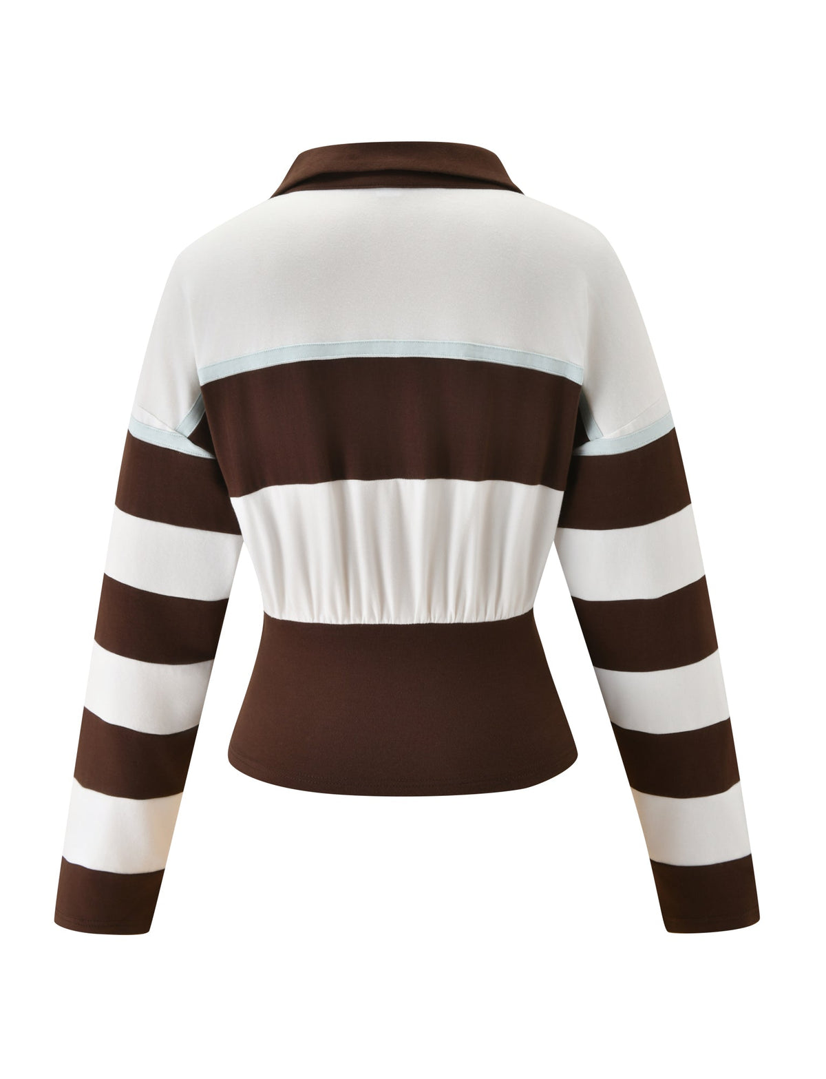 Back view of the TIGERMIST COLLINS RUGBY TOP - CHOCOLATE STRIPE, featuring long sleeves with bold brown and white horizontal stripes and a fitted brown waistband. The body showcases alternating chocolate and white color blocks, accented by a thin blue stripe across the upper back, finished with a classic polo collar for a stylish touch.