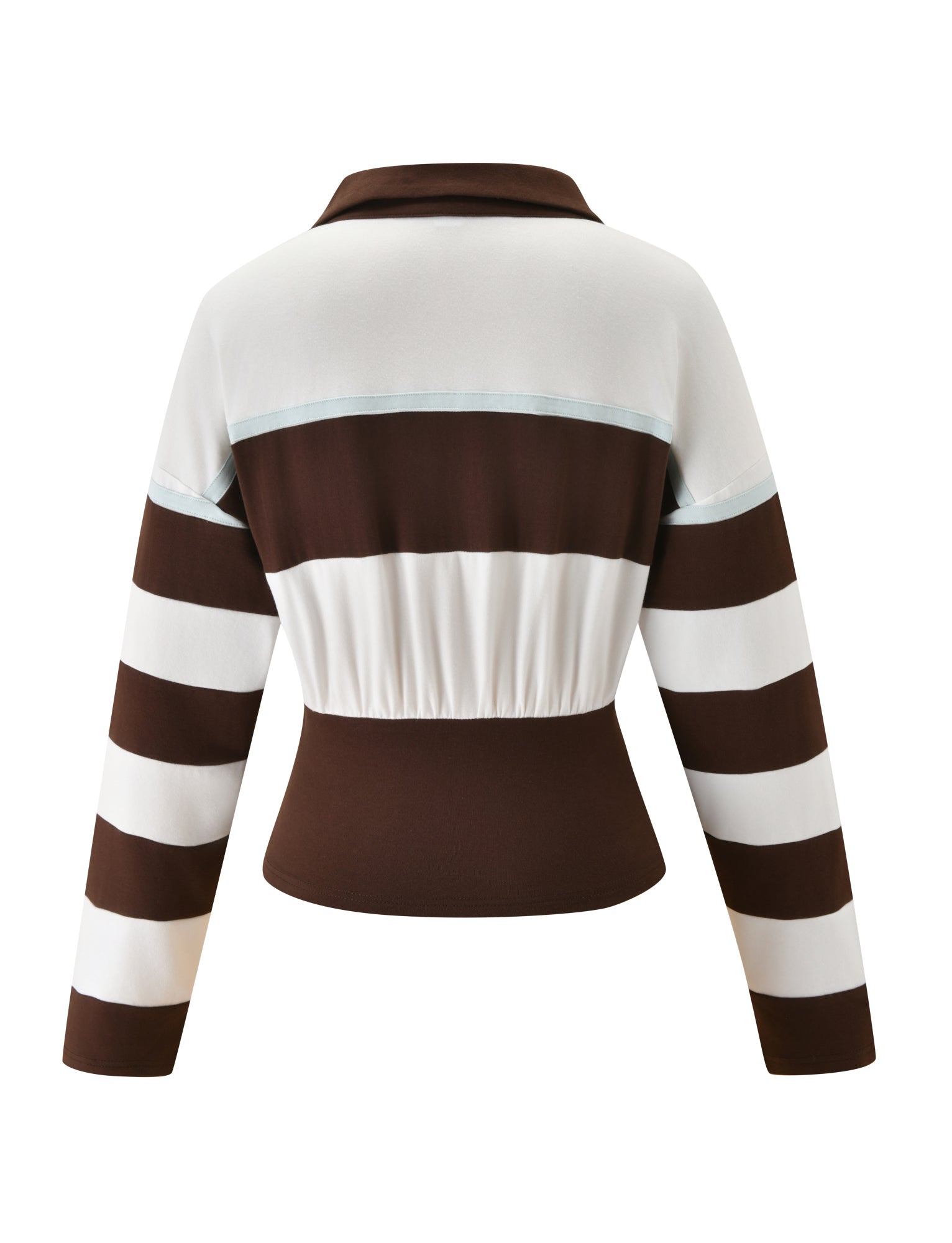 Back view of the TIGERMIST COLLINS RUGBY TOP - CHOCOLATE STRIPE, featuring long sleeves with bold brown and white horizontal stripes and a fitted brown waistband. The body showcases alternating chocolate and white color blocks, accented by a thin blue stripe across the upper back, finished with a classic polo collar for a stylish touch.