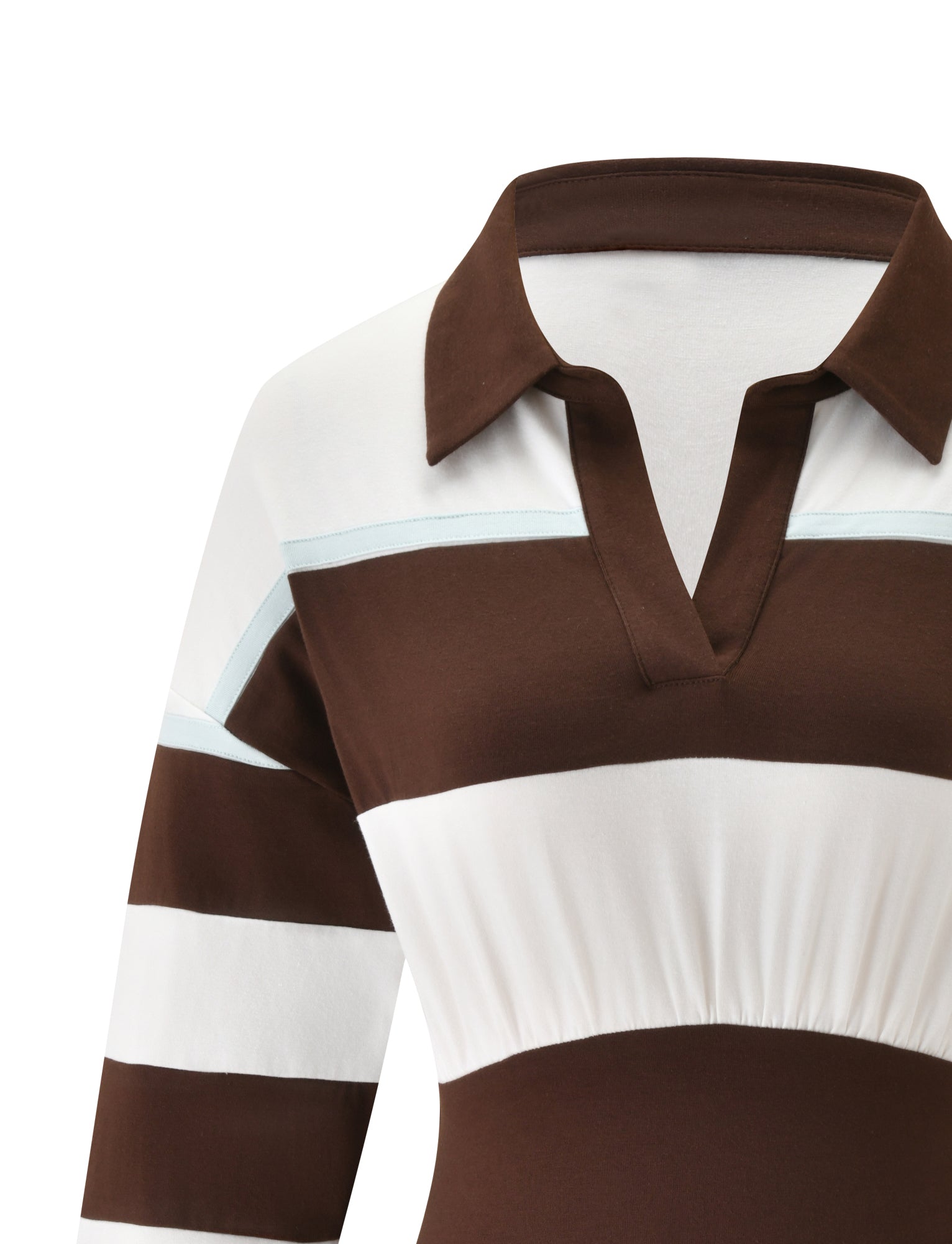 Close-up of the TIGERMIST COLLINS RUGBY TOP in chocolate stripe, featuring wide brown and white horizontal stripes, a polo collar, V-neckline, three-quarter sleeves, and a fitted waist.