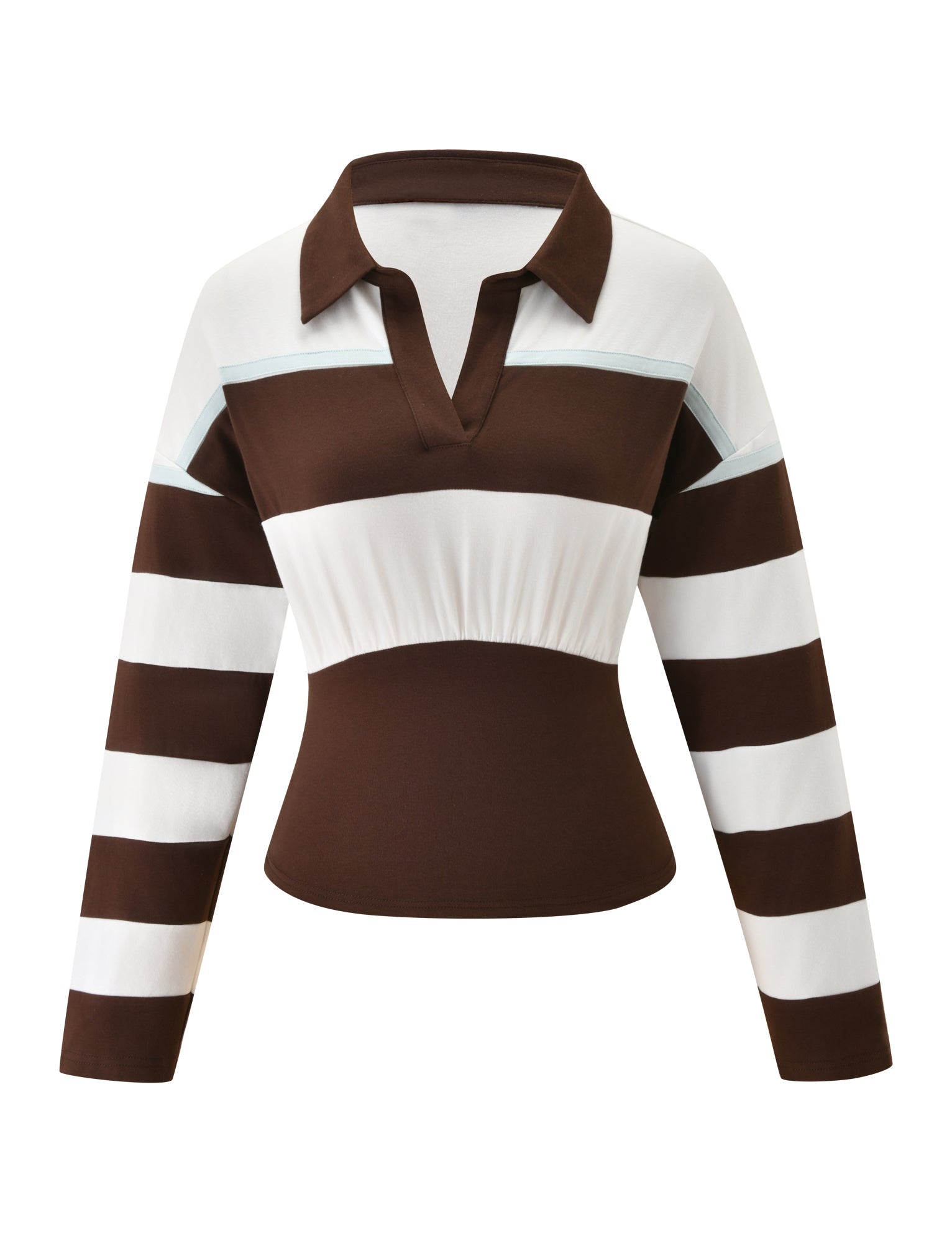 The COLLINS RUGBY TOP by TIGERMIST features a long-sleeve design with chocolate and white horizontal stripes, a polo collar, deep V-neckline, and a fitted waist.