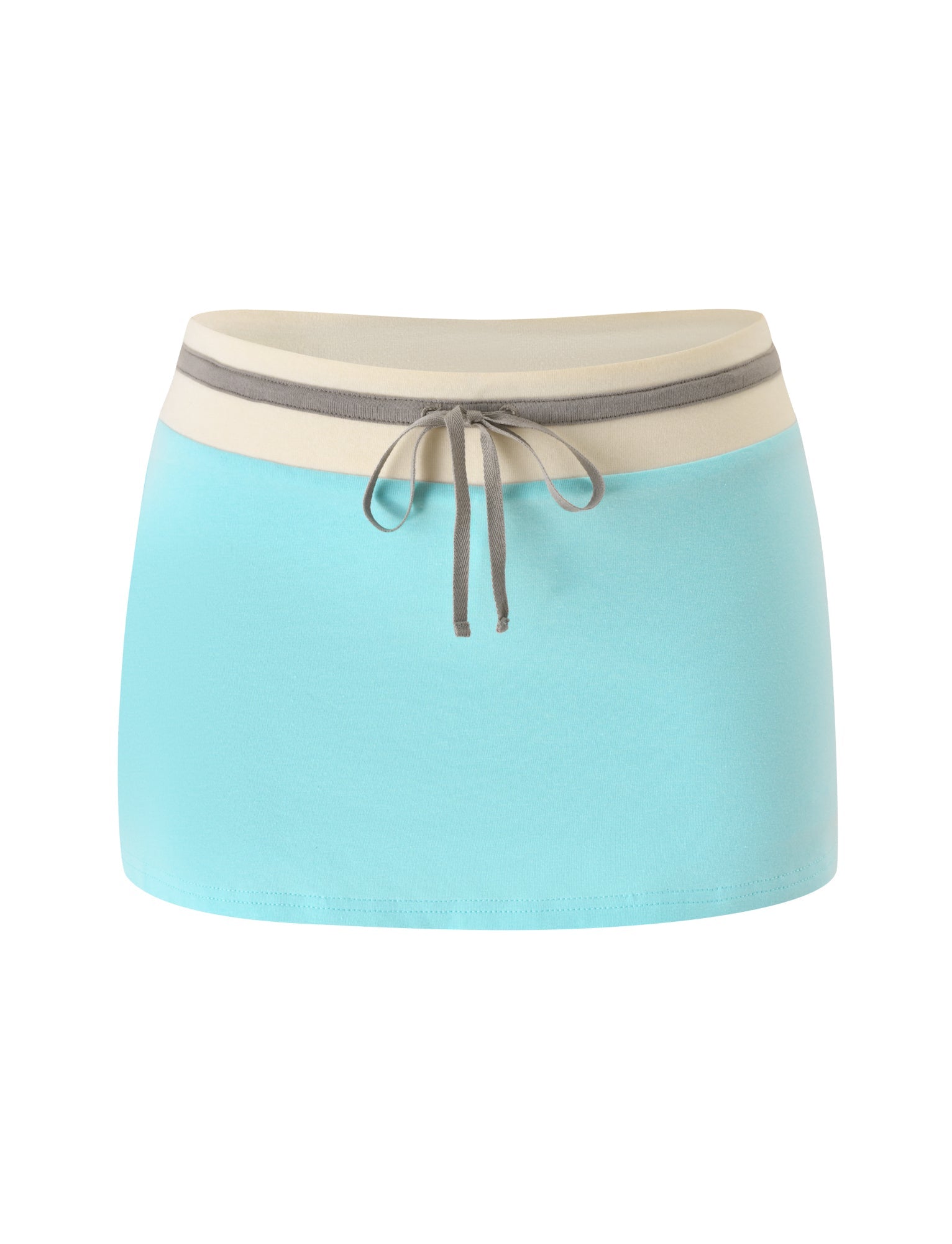 The COLLINS MINI SKORT - AQUA by TIGERMIST is a comfortable light aqua blue skort featuring a beige waistband and a gray front tie string, shown photographed against a white background.