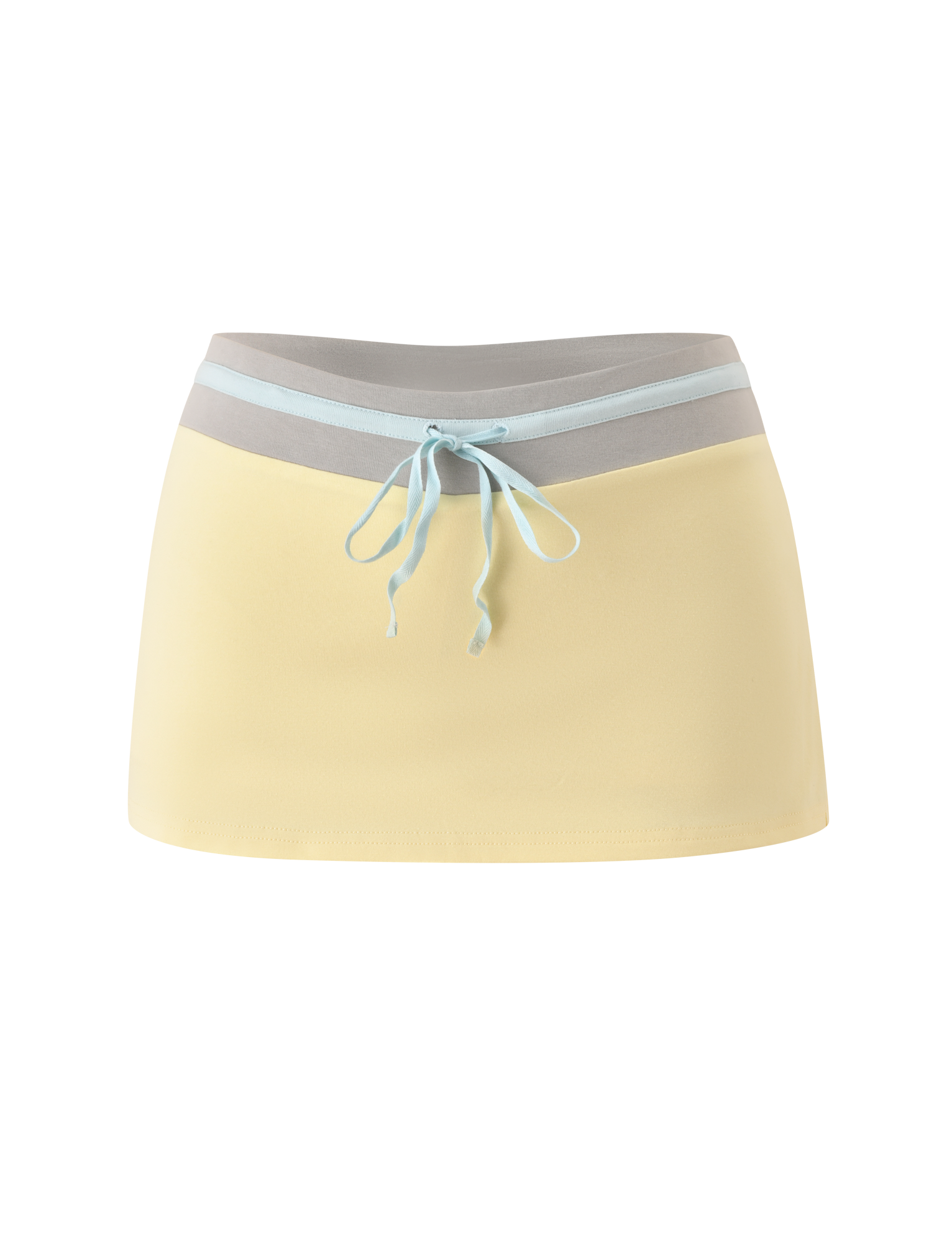 The TIGERMIST COLLINS SKORT in butter yellow features a contrasting light grey and blue waistband with a blue drawstring tie, shown against a plain white background.