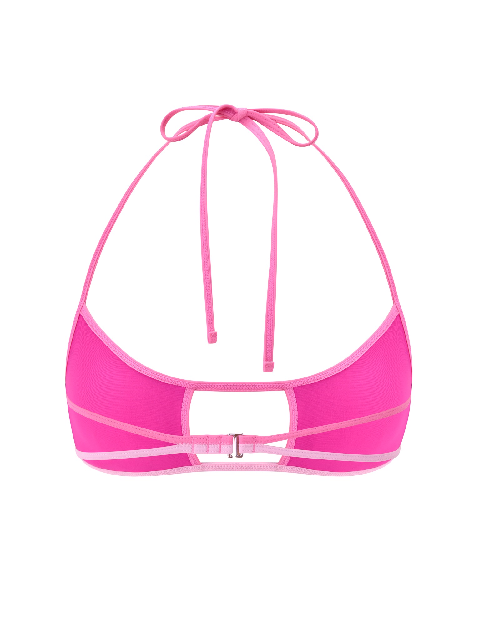 The PALMER BIKINI TOP - BERRY by TIGERMIST features a vibrant pink hue, adjustable halter neck straps, back clasp closure, and a center cut-out. Its modern design pops against a plain white background.