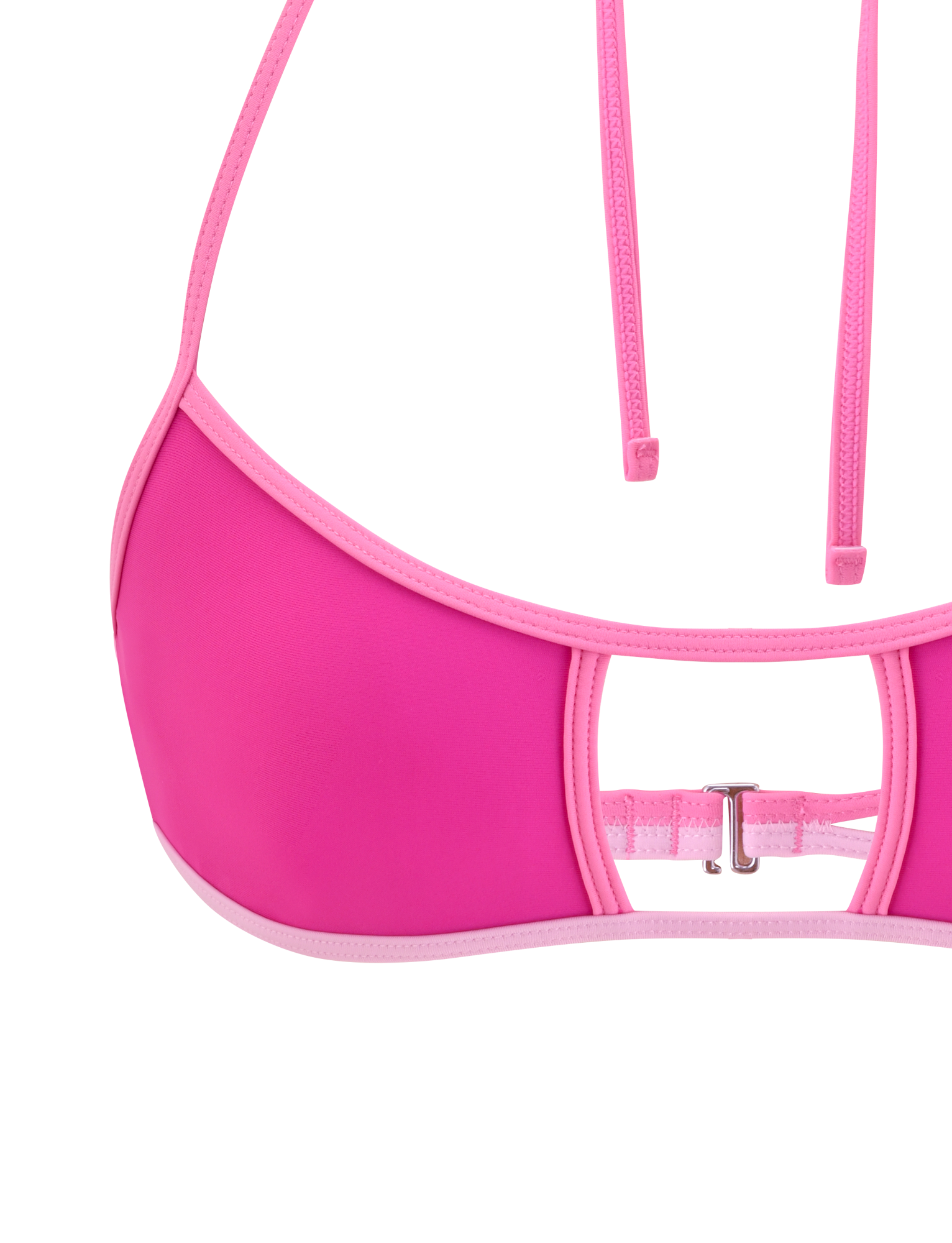 Close-up of the TIGERMIST PALMER BIKINI TOP - BERRY: a two-toned pink bikini top featuring a cutout, silver back clasp, thin adjustable halter straps, and light pink trim along the edges.