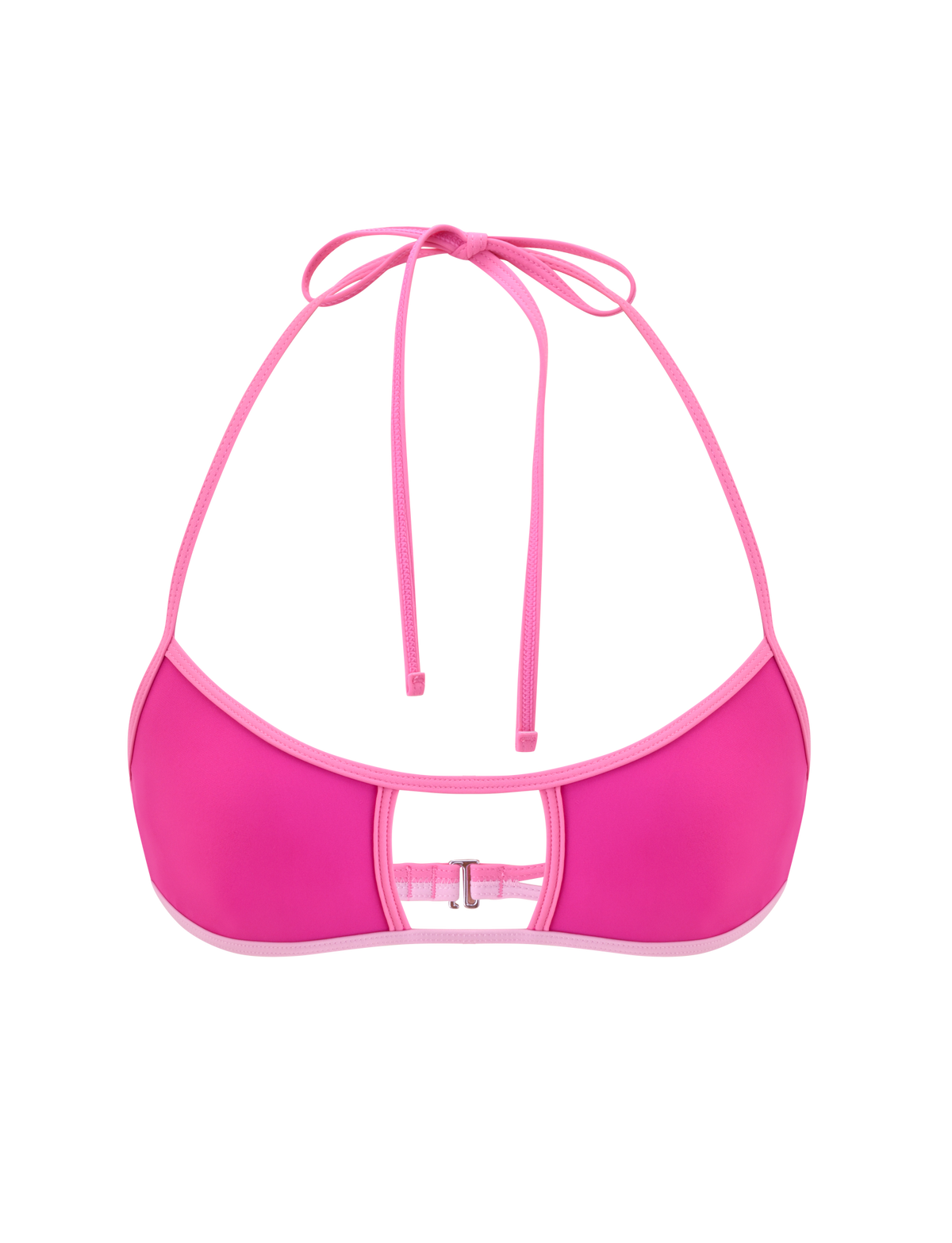 The TIGERMIST PALMER BIKINI TOP - BERRY is a vibrant pink two-tone halter bikini top with light pink trim, an adjustable neck tie, cut-out detail, and a metal clasp center front. Shown against a plain white background.