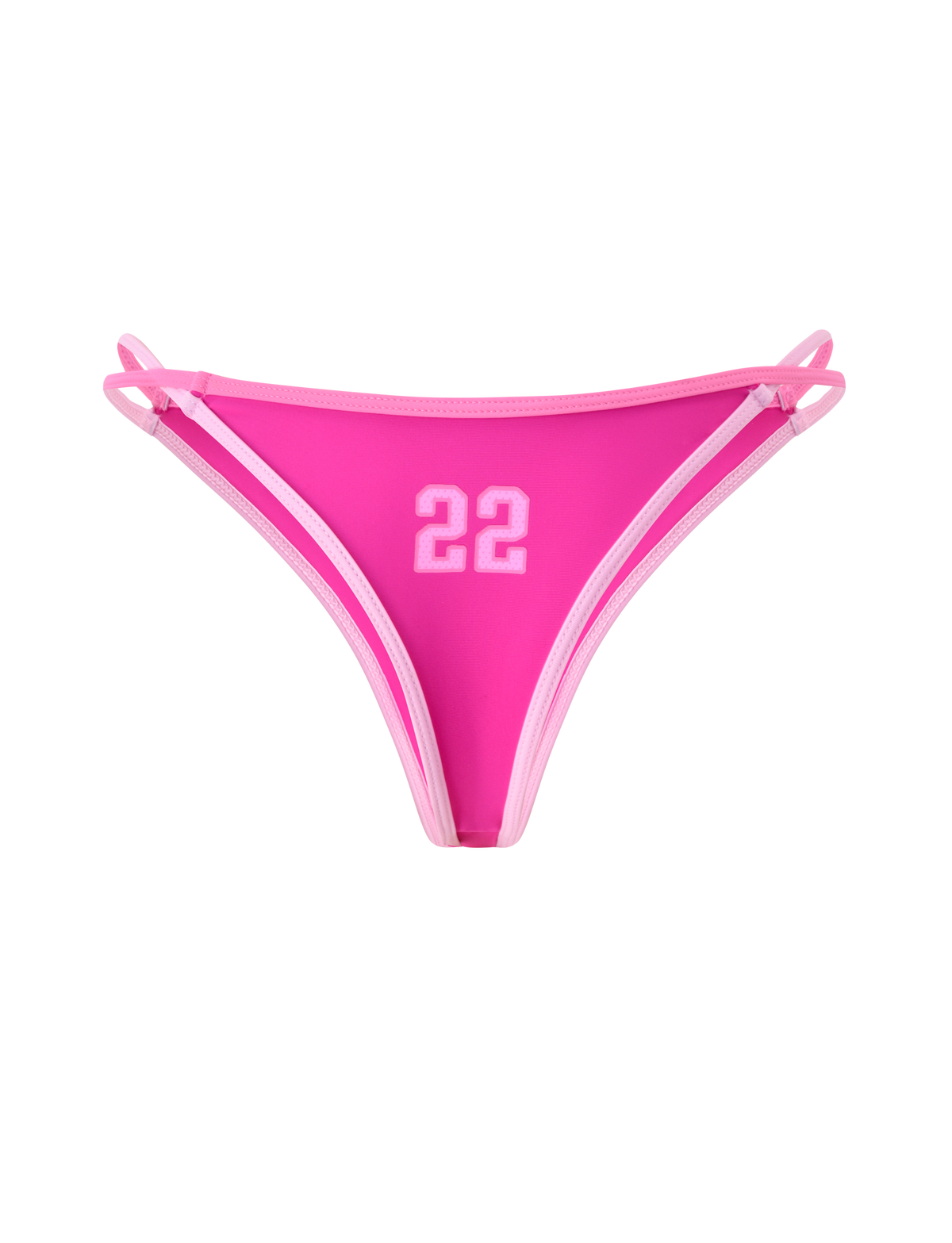 The PALMER BIKINI BOTTOM - BERRY by TIGERMIST is a bright pink bikini bottom with white trim, double side straps, and a sporty white "22" print on the front. Features a cheeky fit and is great for bold summer looks.