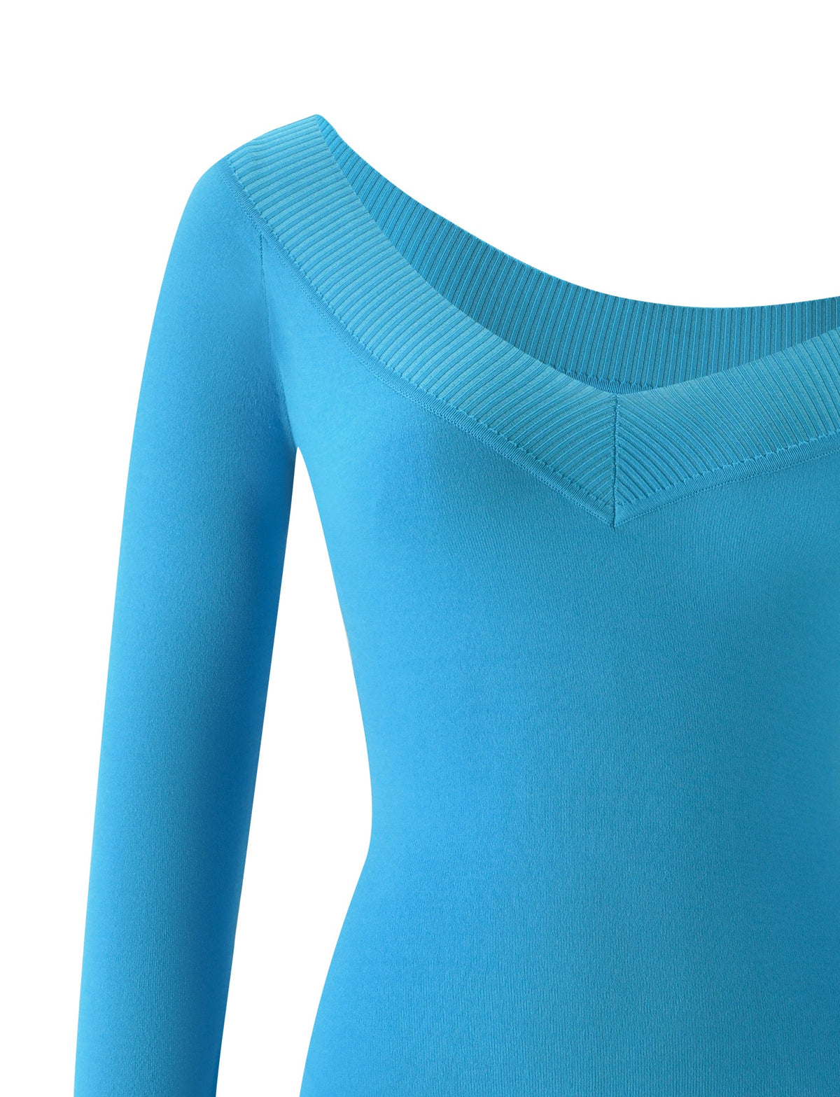 Close-up of the TIGERMIST PARKER KNIT MINI DRESS - CAPRI, a blue long sleeve mini dress featuring a ribbed off-the-shoulder V-neckline, shown from the shoulders to the waist against a white background.