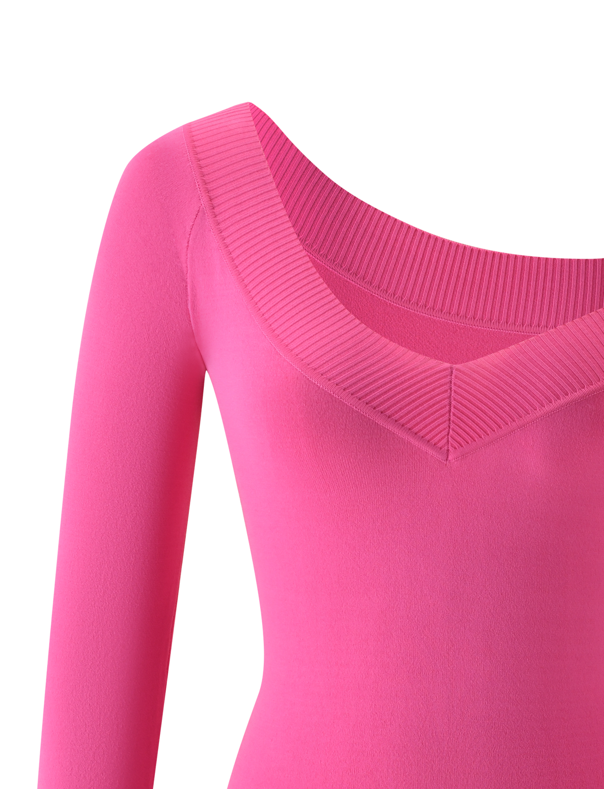The image features the TIGERMIST PARKER KNIT MINI DRESS in fuchsia, showcasing a bright pink, long-sleeve knit design with a wide, ribbed V-neck collar. The smooth, fitted fabric is displayed on the upper portion of the garment against a plain background.