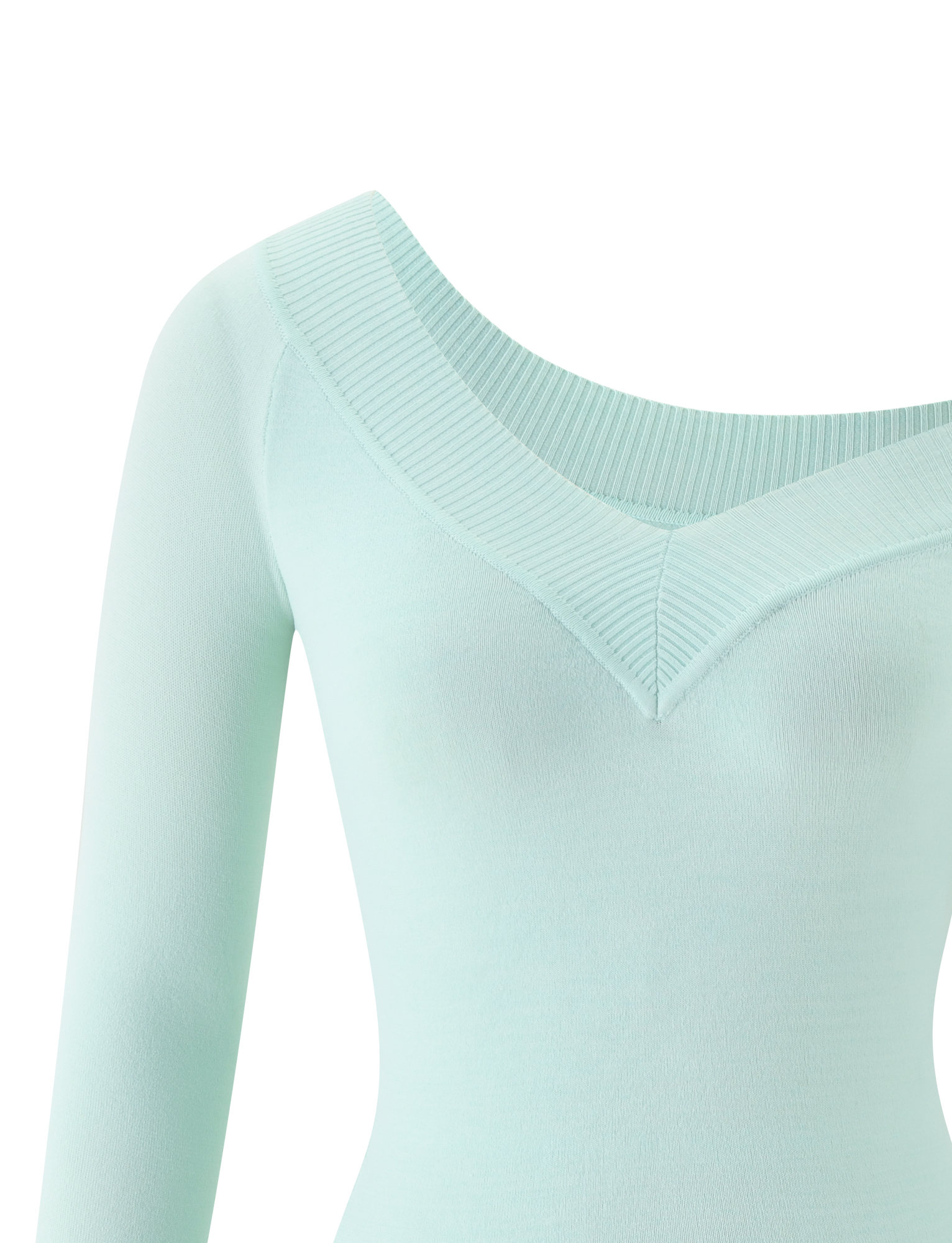 The TIGERMIST PARKER KNIT DRESS in mint green features long sleeves and a wide ribbed V-neckline, styled off the shoulder and displayed on a featureless mannequin against a white background.