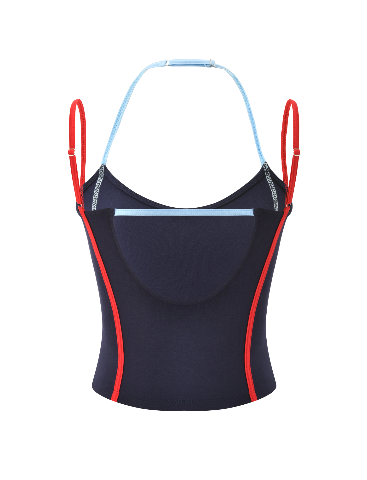 The TIGERMIST TATUM TOP - NAVY STRIPE features red straps and side piping, light blue neckline trim, an open back, and a built-in shelf bra, shown on a plain white background.