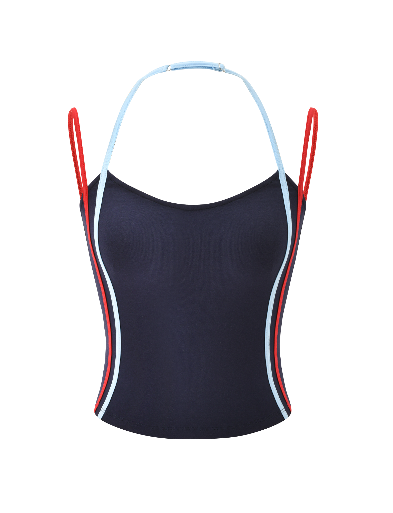 The TATUM TOP - NAVY STRIPE by TIGERMIST is a navy crop singlet with red and light blue straps, an adjustable halter neckline, color-accented sides, and a stylish open back, shown against a plain white background.