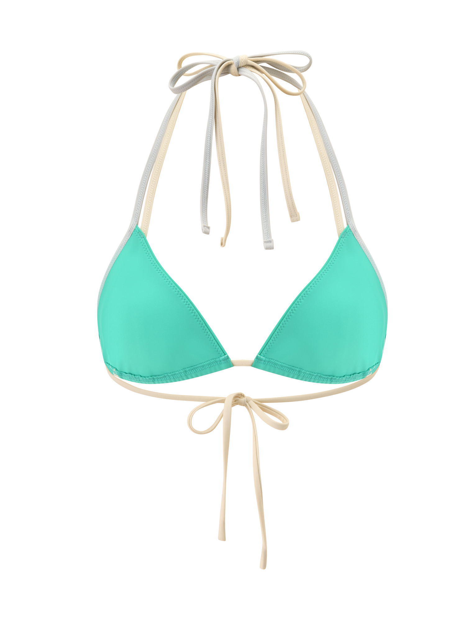 The TIGERMIST JACE BIKINI TOP in Kelly Green is a triangle style with light beige adjustable halter ties at the neck and back for a custom fit, displayed against a white background.