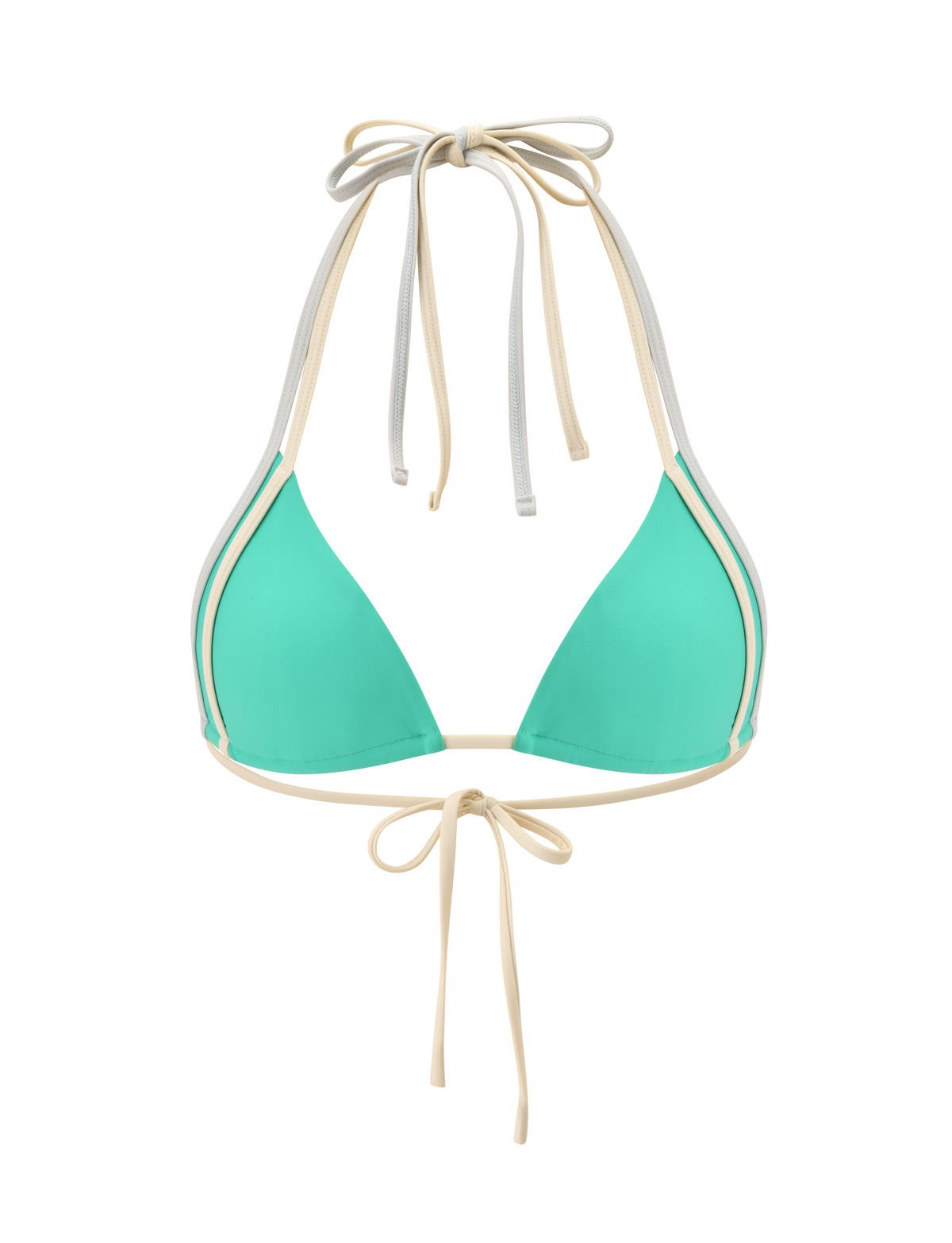 The JACE BIKINI TOP by TIGERMIST in Kelly Green features beige and white adjustable back and neck ties for a customizable fit. This triangle halter bikini top is shown against a white background.